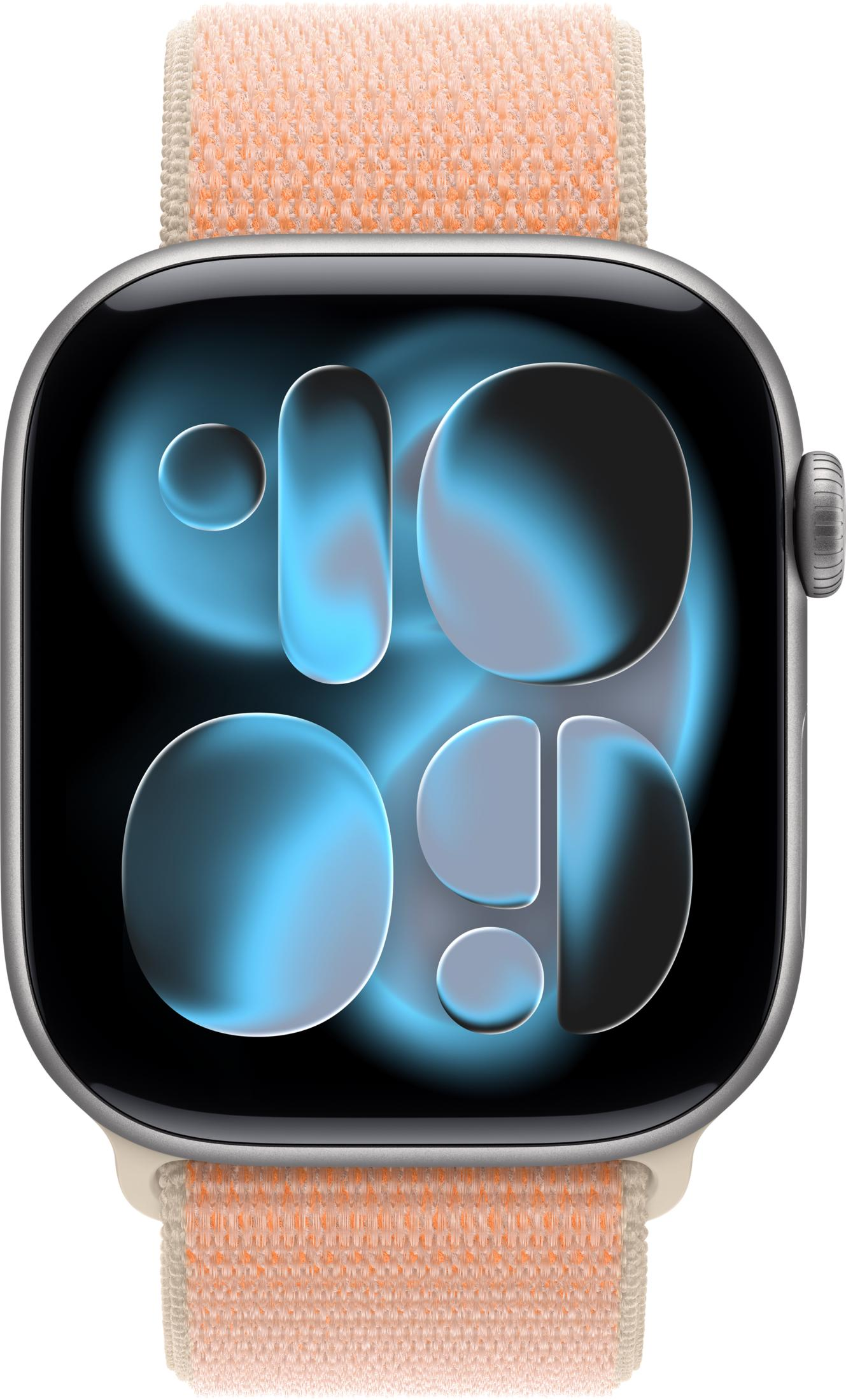 Smartwatch grigio con quadrante astratto blu e cinturino arancio chiaro/crema.