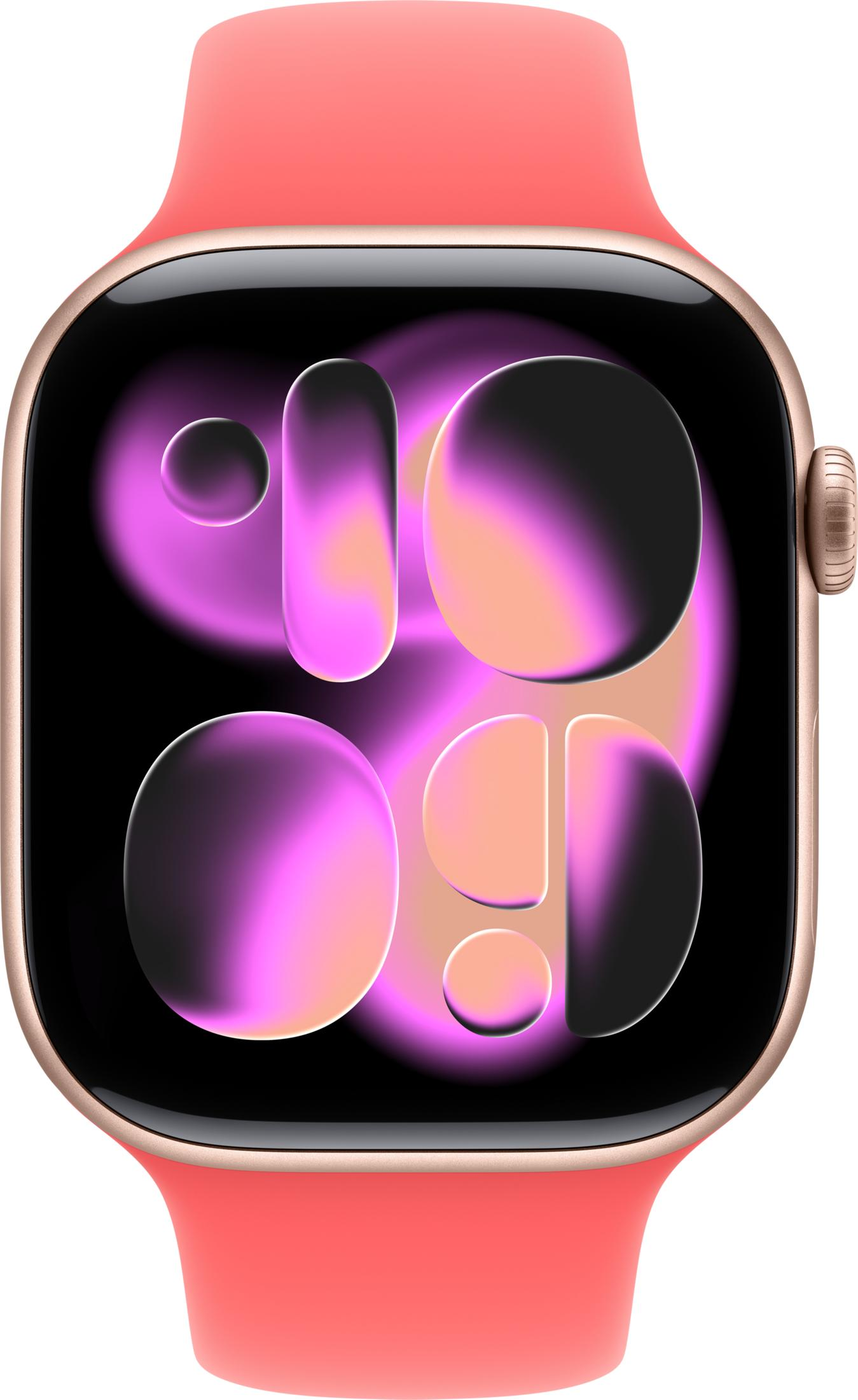 Eine goldene Smartwatch mit einem korallenfarbenen Armband zeigt einen bunten Zifferblatt-Hintergrund.