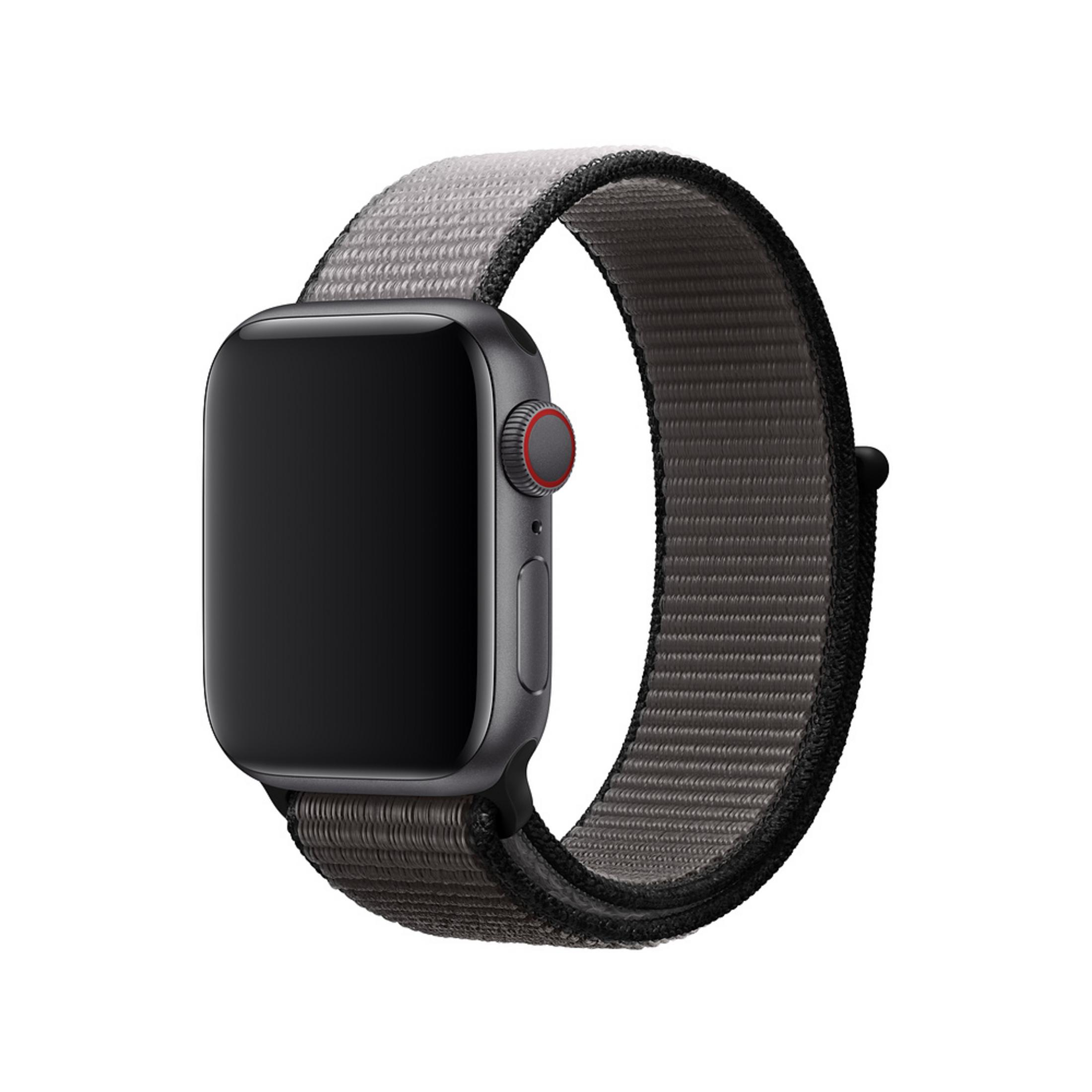Eine graue Apple Watch mit schwarzem Gehäuse und roter Krone auf weißem Hintergrund.