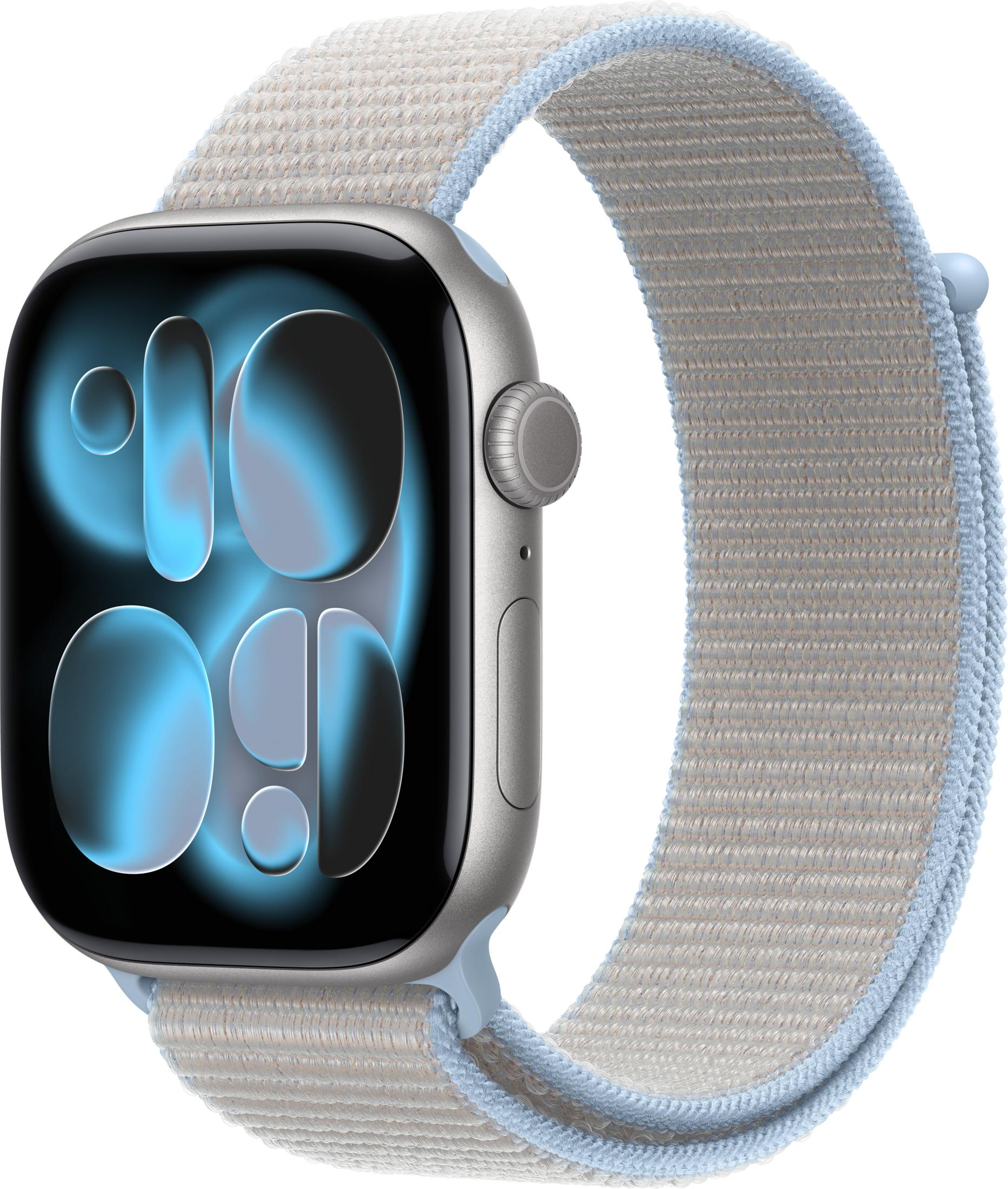 Smartwatch grigio con cinturino in tessuto chiaro e bordo blu.