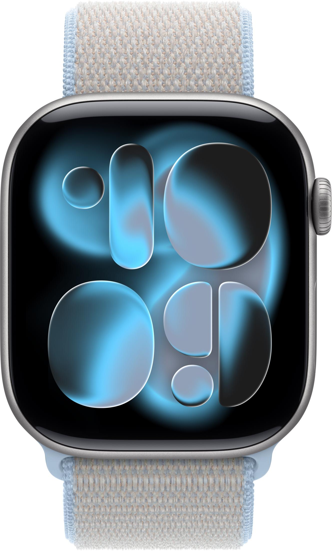 Uno smartwatch grigio con quadrante blu e cinturino in tessuto chiaro.