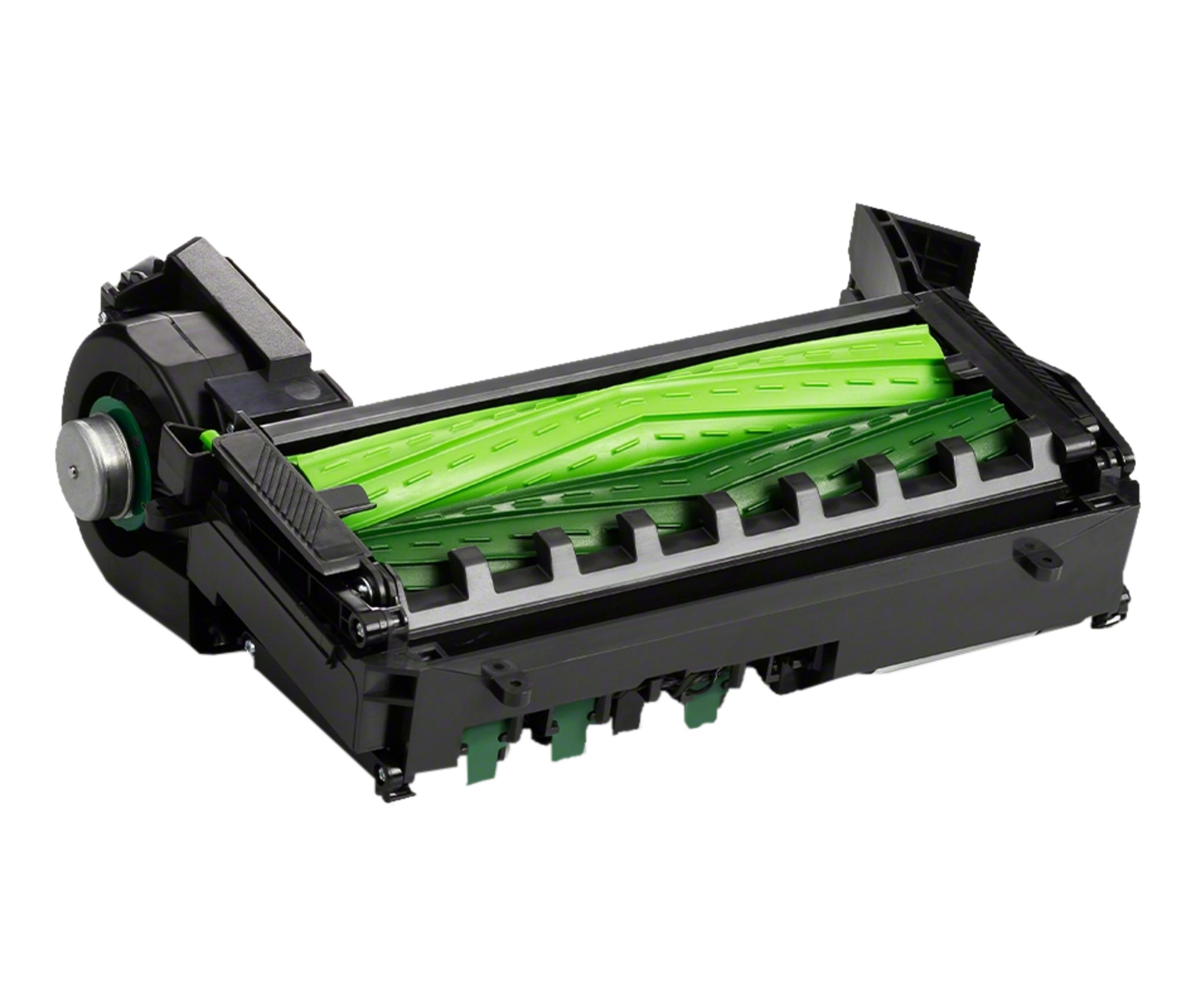 Una testina spazzola nera per robot aspirapolvere con rullo in gomma verde.