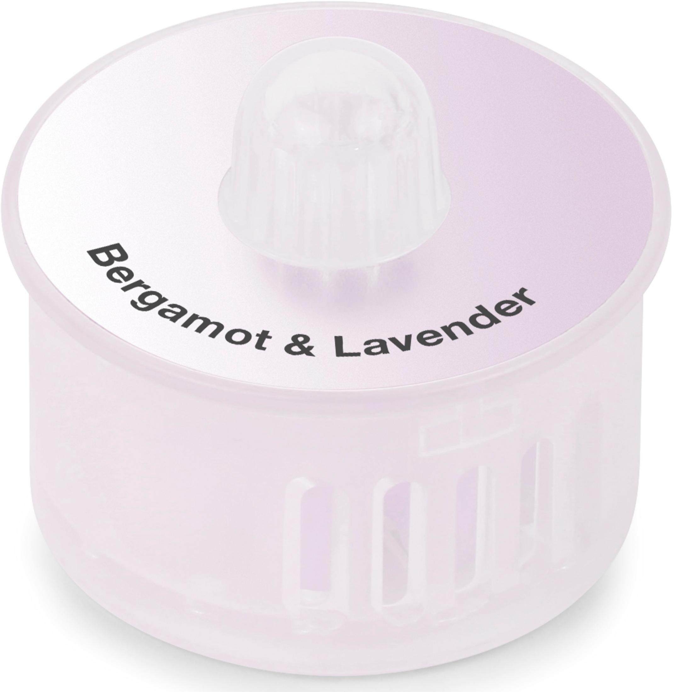 Un contenant transparent avec un couvercle. Il est indiqué "Bergamot & Lavender".