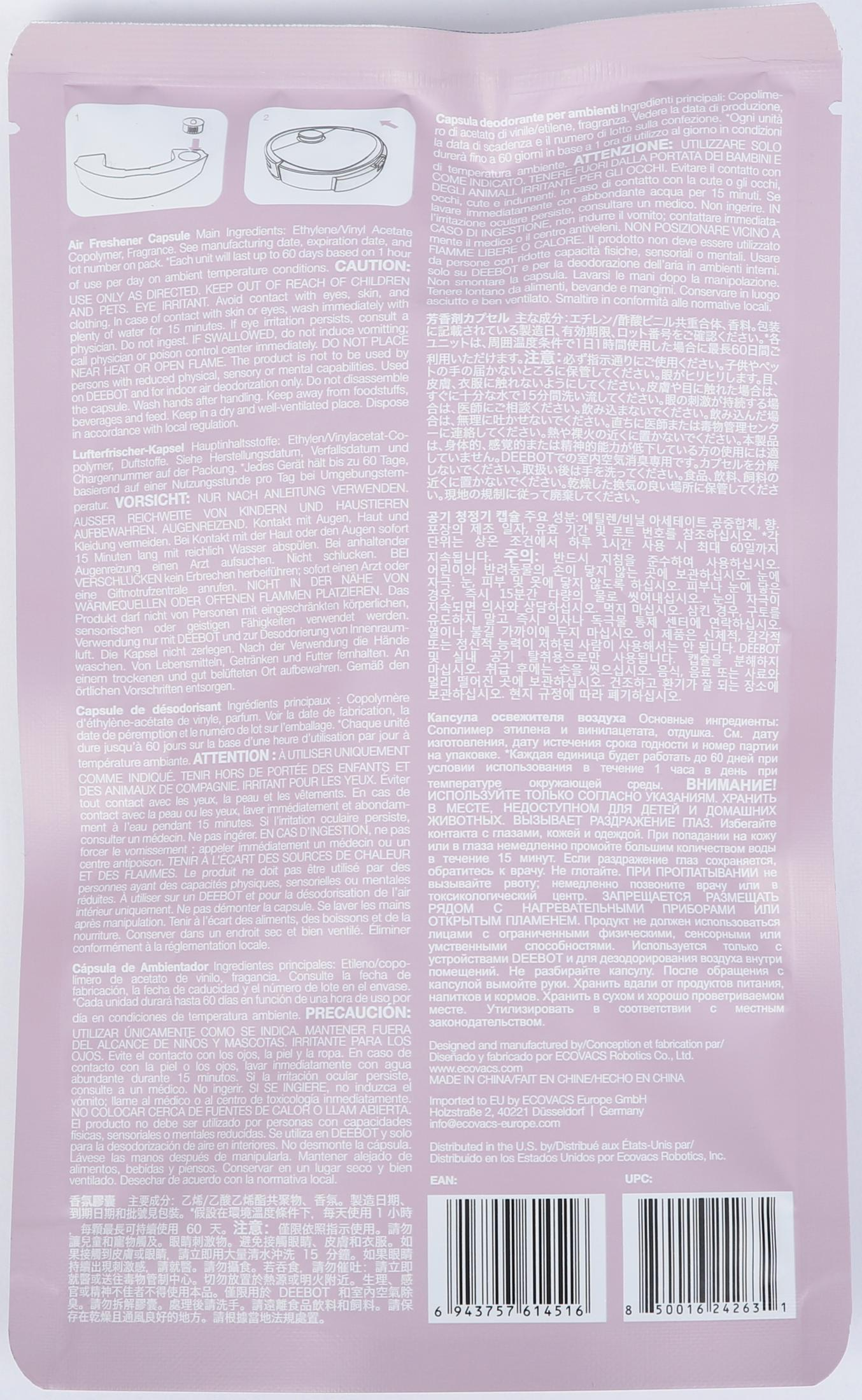 Capsule désodorisante avec avertissements et informations produit.