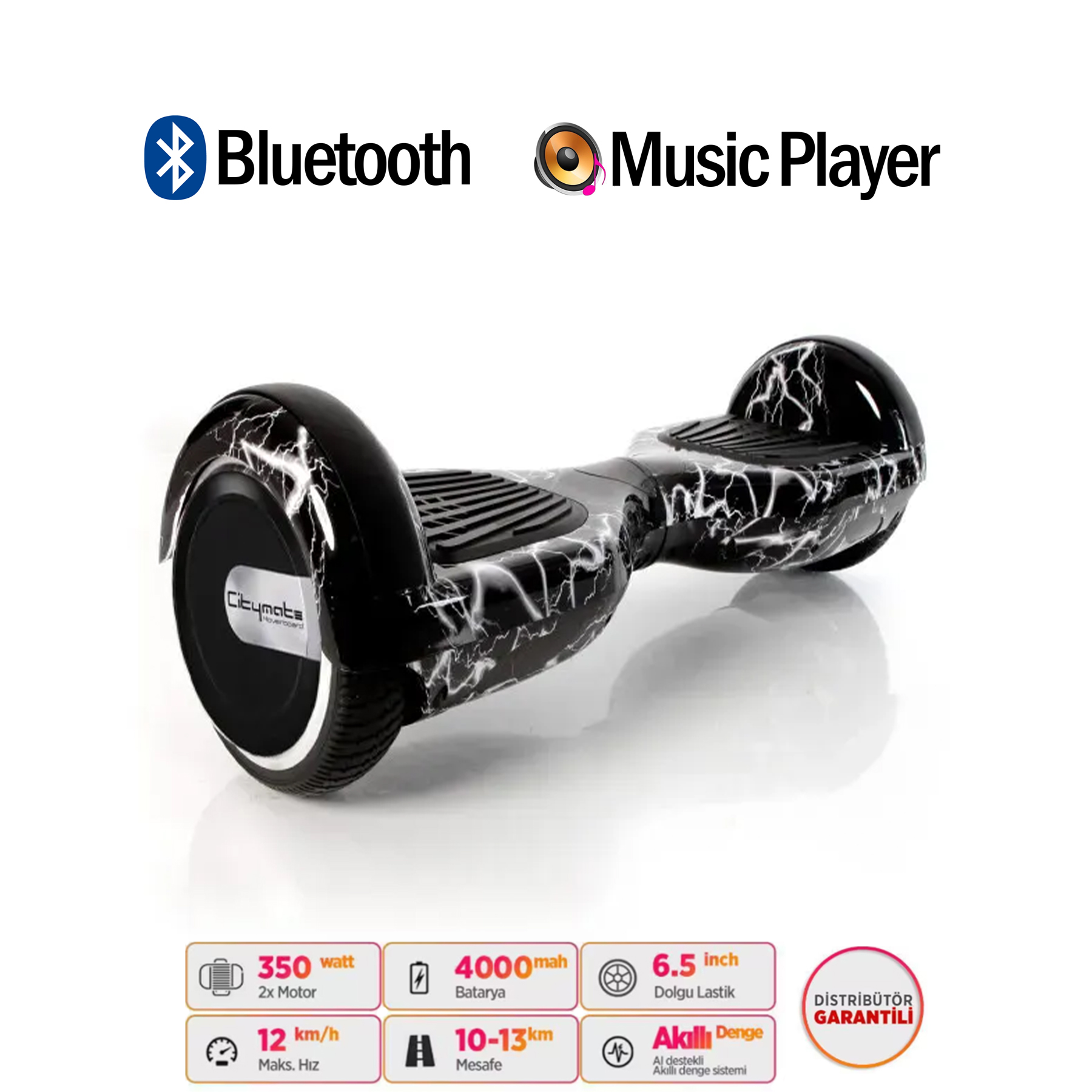 Yıldırım desenli siyah hoverboard, Bluetooth ve müzik çalar simgeleri, özellikler.