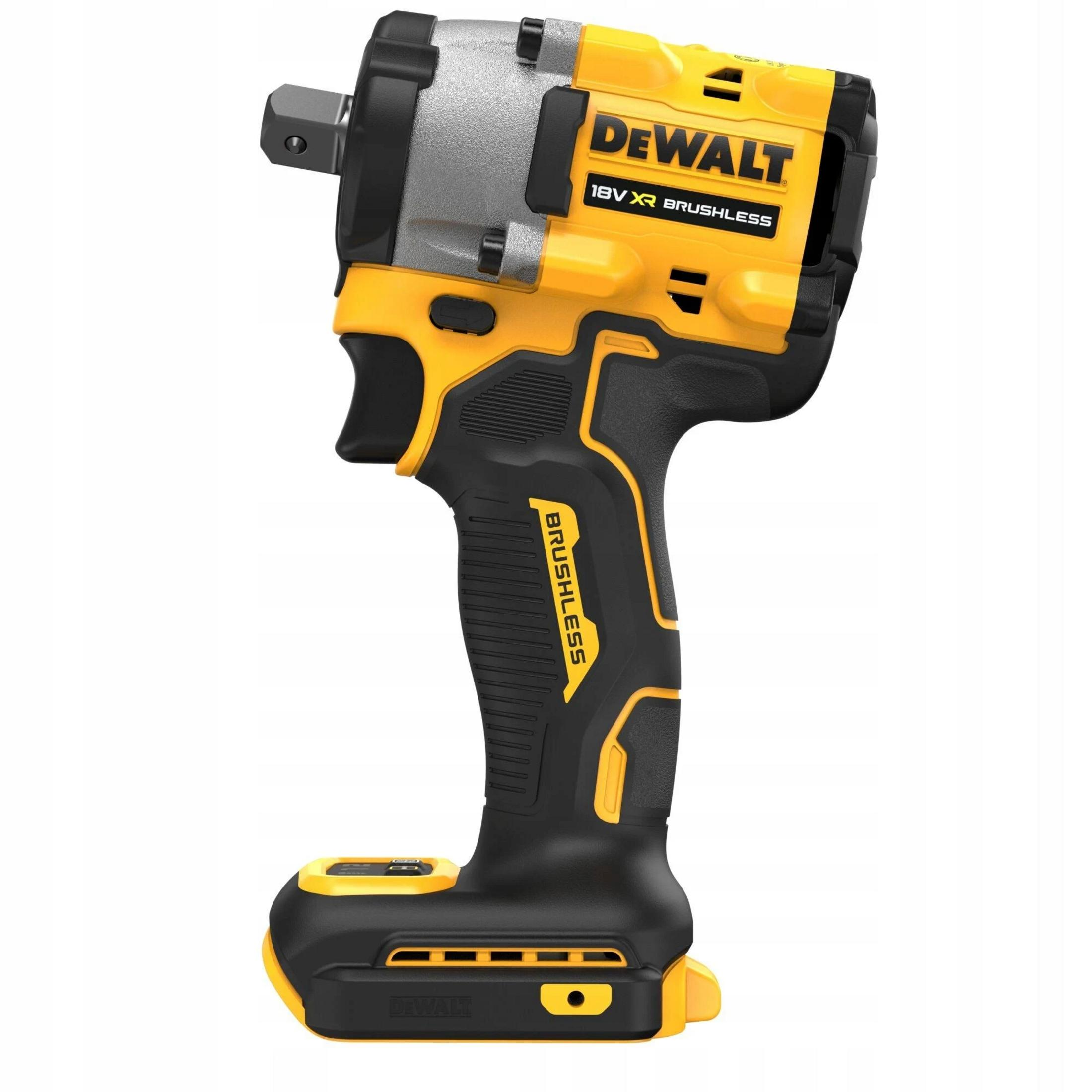 Una avvitatrice a impulsi DeWalt 18V XR Brushless gialla e nera su sfondo bianco.
