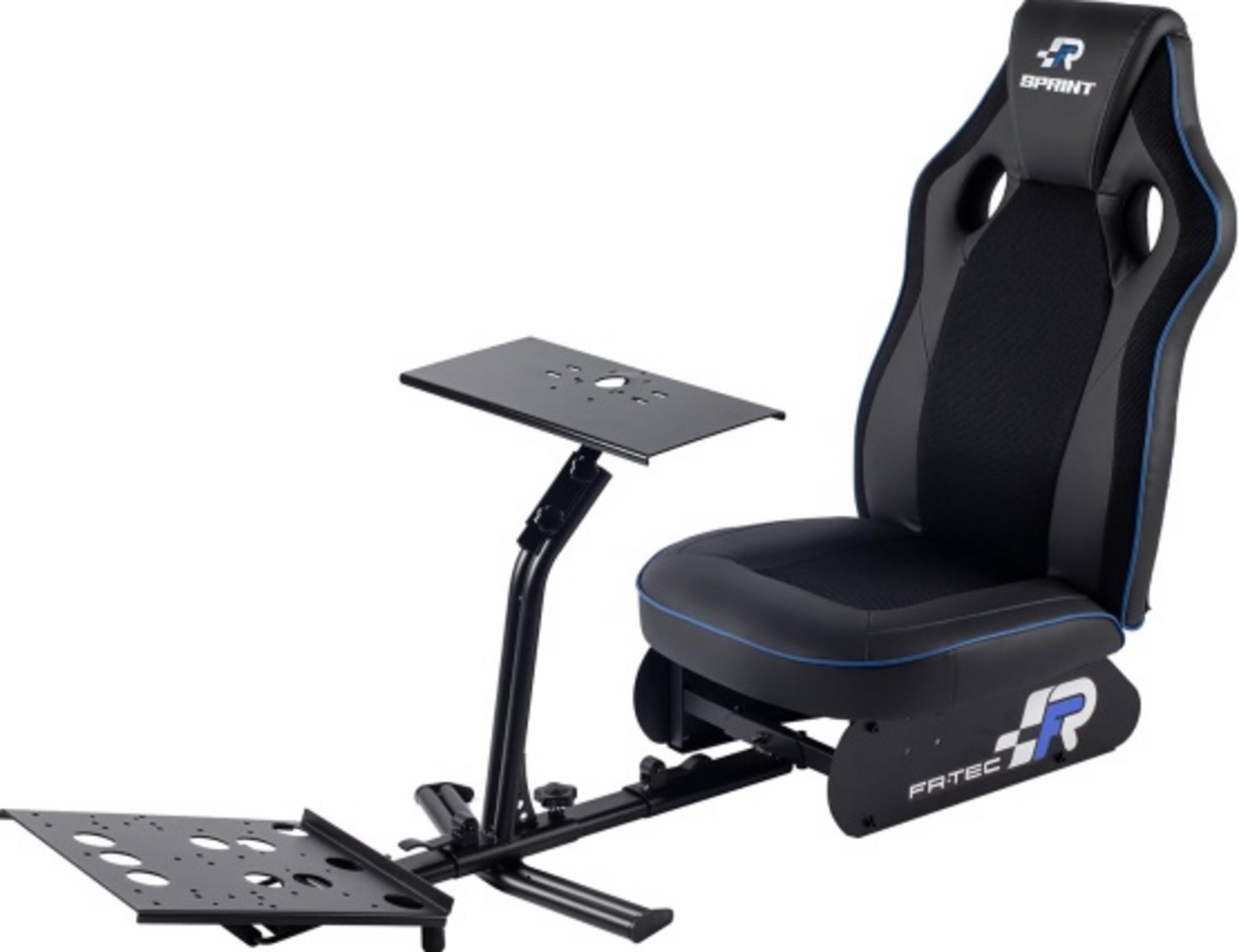 Una silla de juego de carreras negra con ribete azul y estructura metálica.