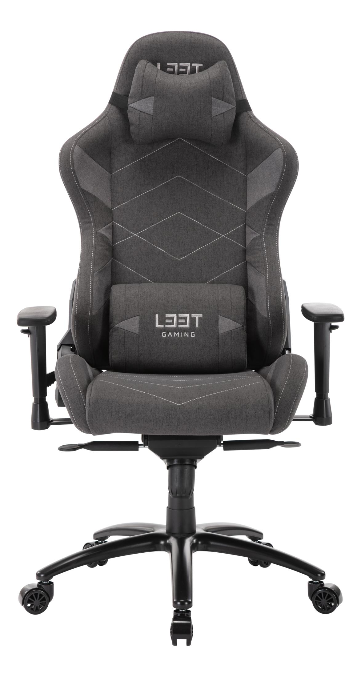 Ein grauer Gaming-Stuhl mit einem Logo und einem verstellbaren Kopfkissen.