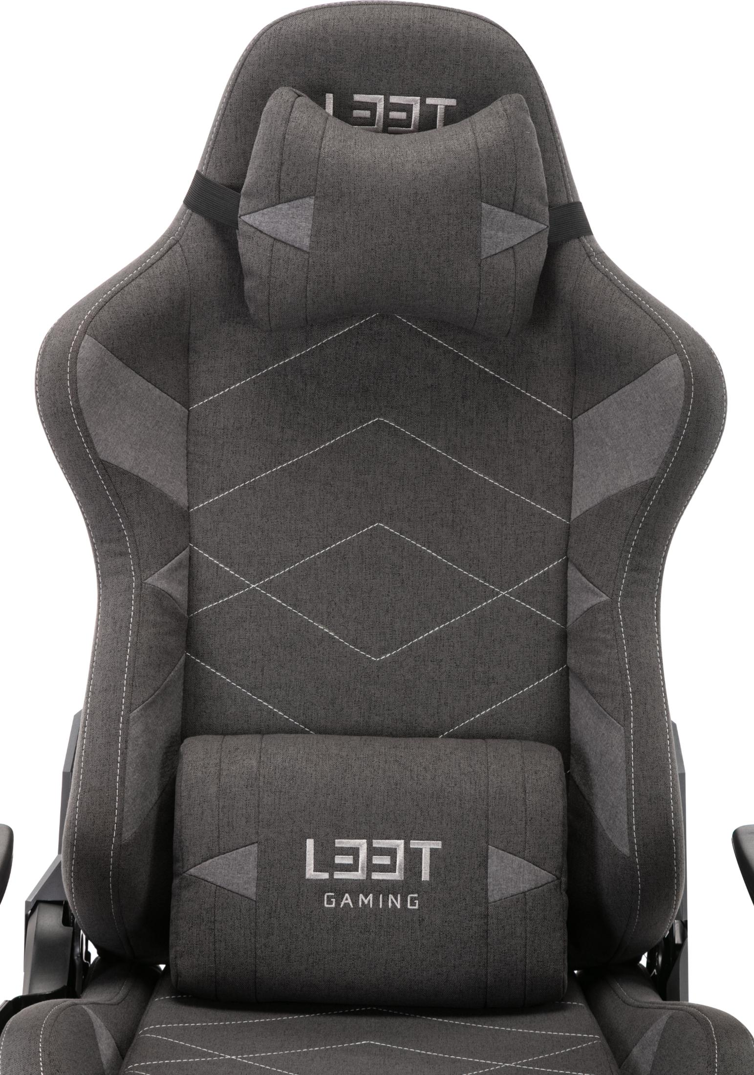 Dunkelgrauer Gaming-Stuhl mit Nacken- und Lendenkissen, weißer Naht.