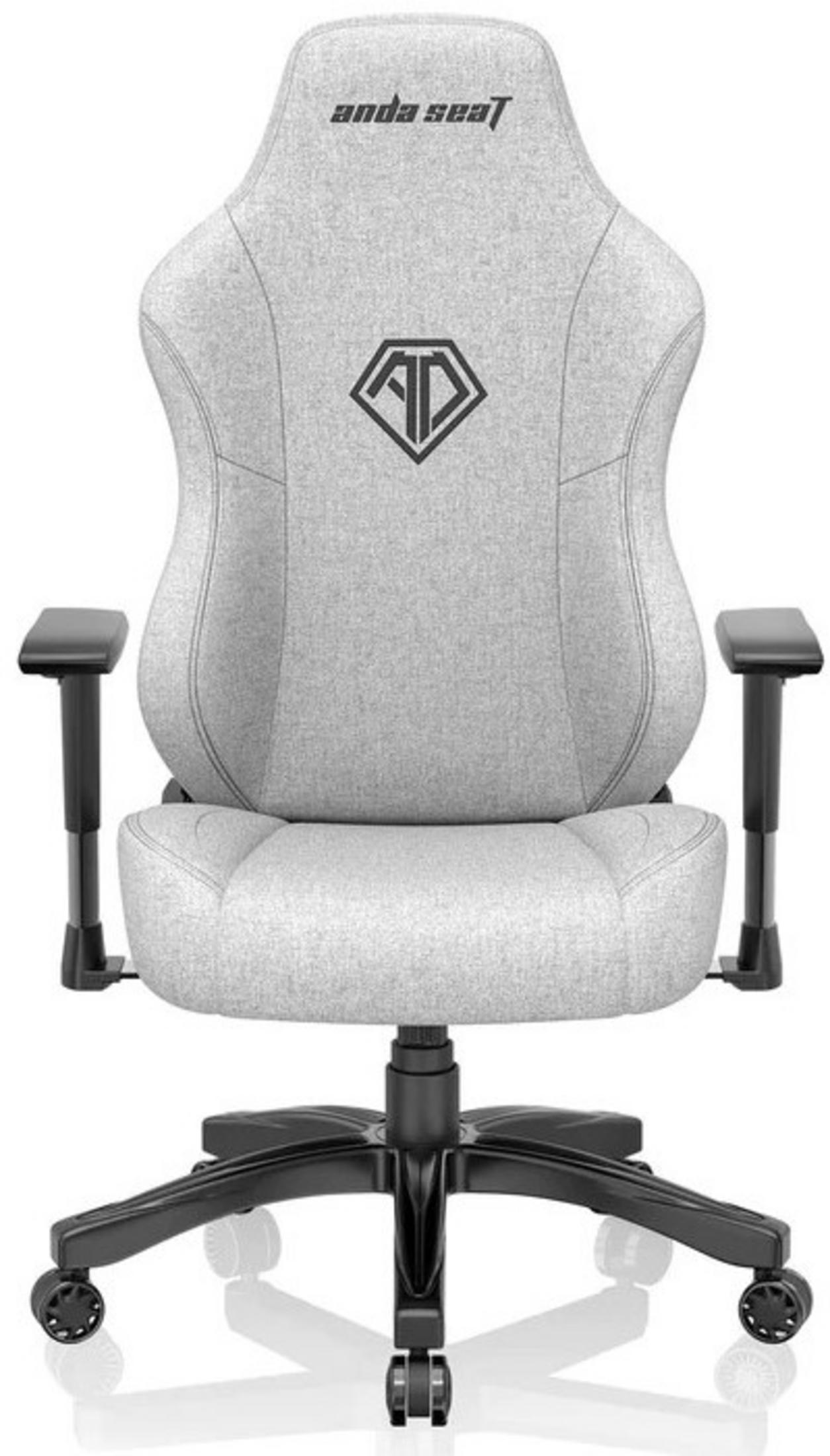 Chaise gaming grise avec base noire et logo au dos.