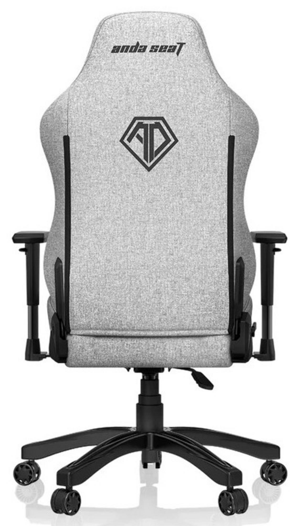 Chaise gamer grise avec logo noir et roulettes.