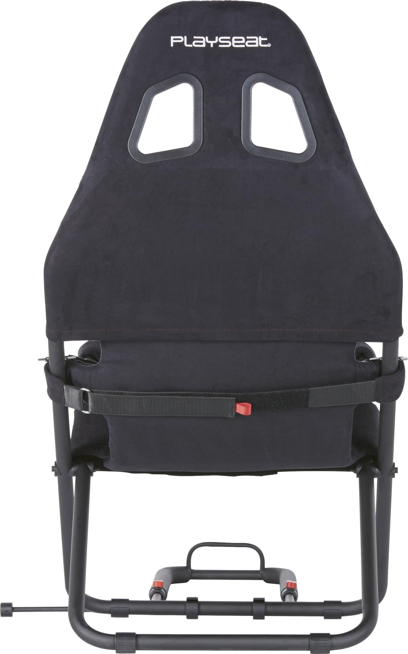 Silla negra Playseat para juegos con logo, correas y marco metálico.