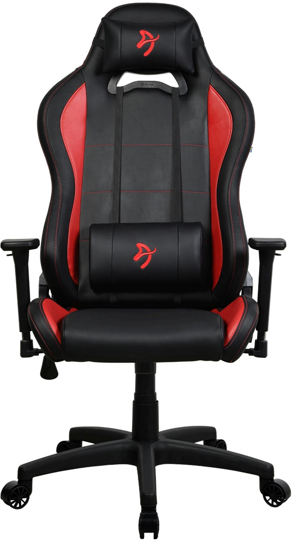 Zwarte gamestoel met rode accenten en rood logo. Inclusief hoofdsteun.