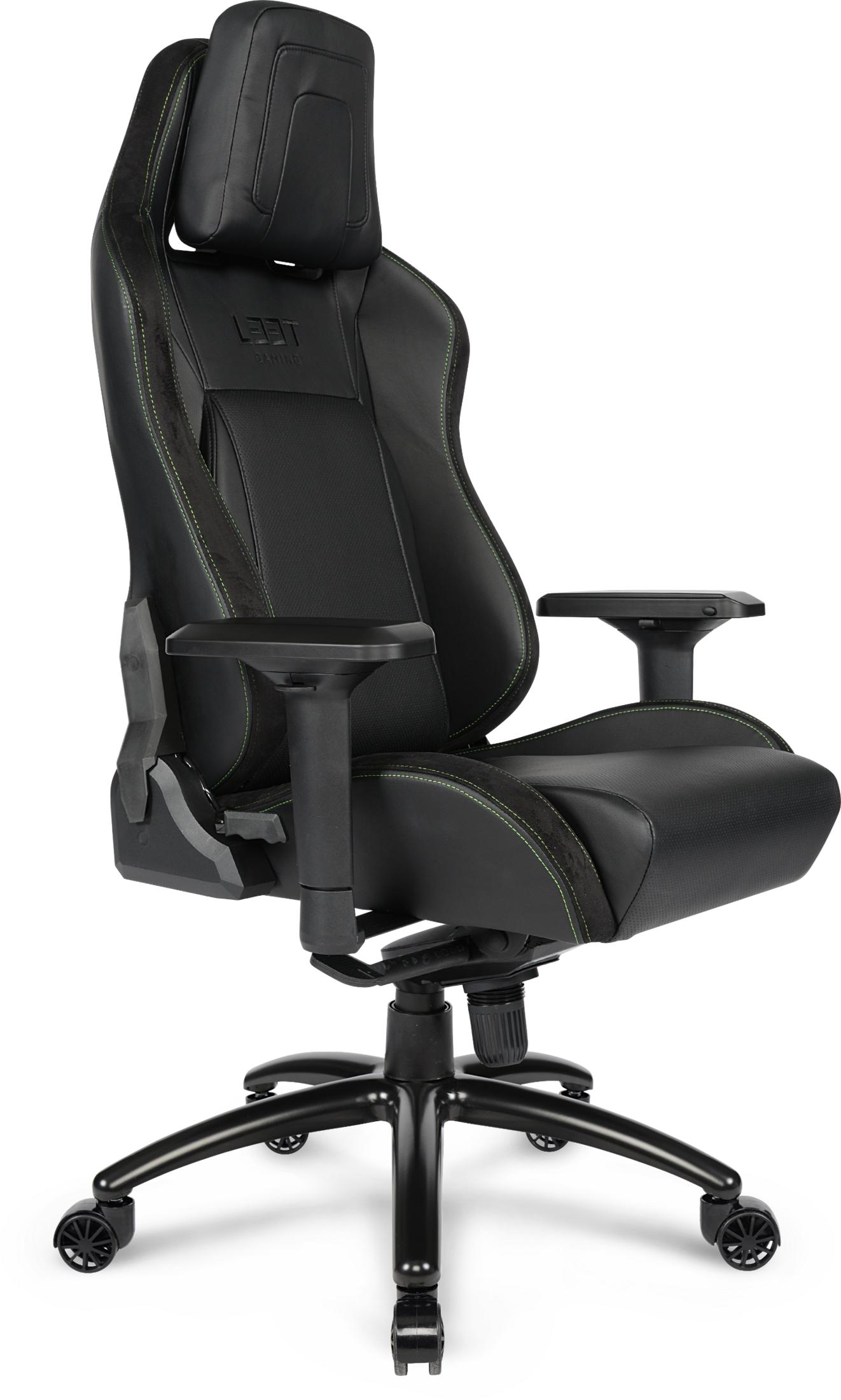 Silla gamer negra con costuras verdes, reposabrazos ajustables y base de cinco ruedas.