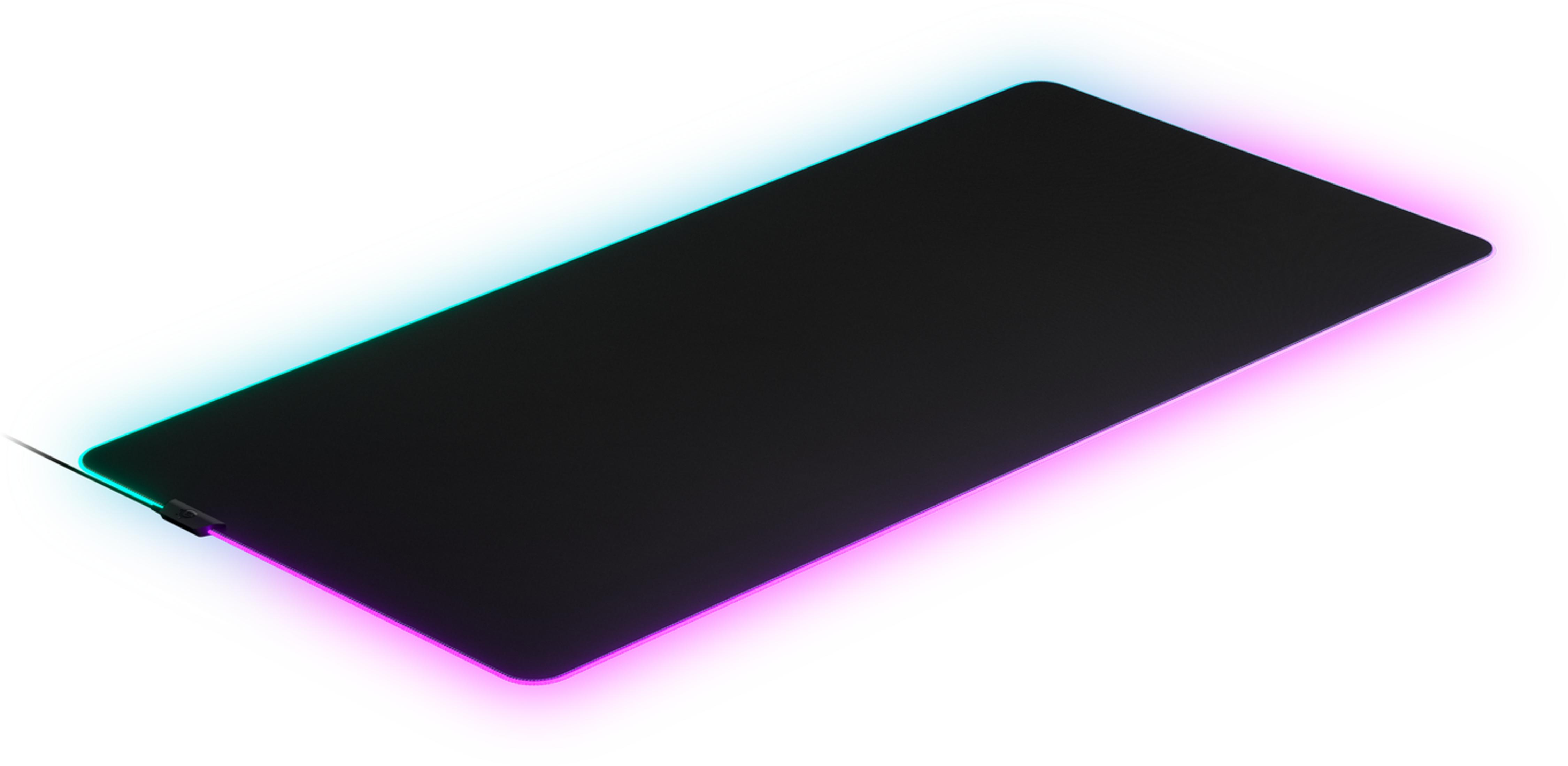 Zwarte muismat met blauwe en paarse RGB-verlichting.