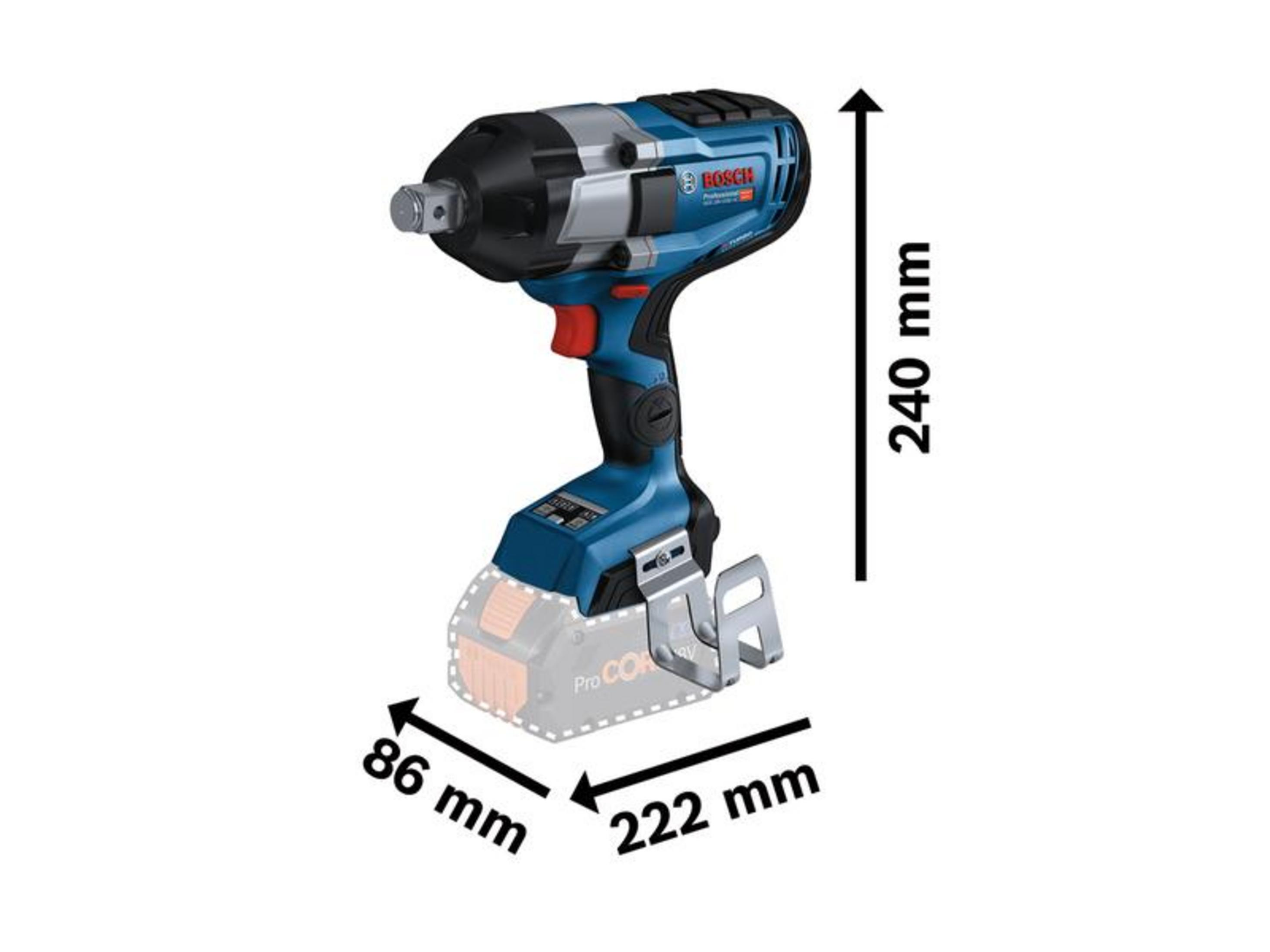 Un avvitatore a impulsi Bosch blu con accenti argento e neri, alto 240 mm.
