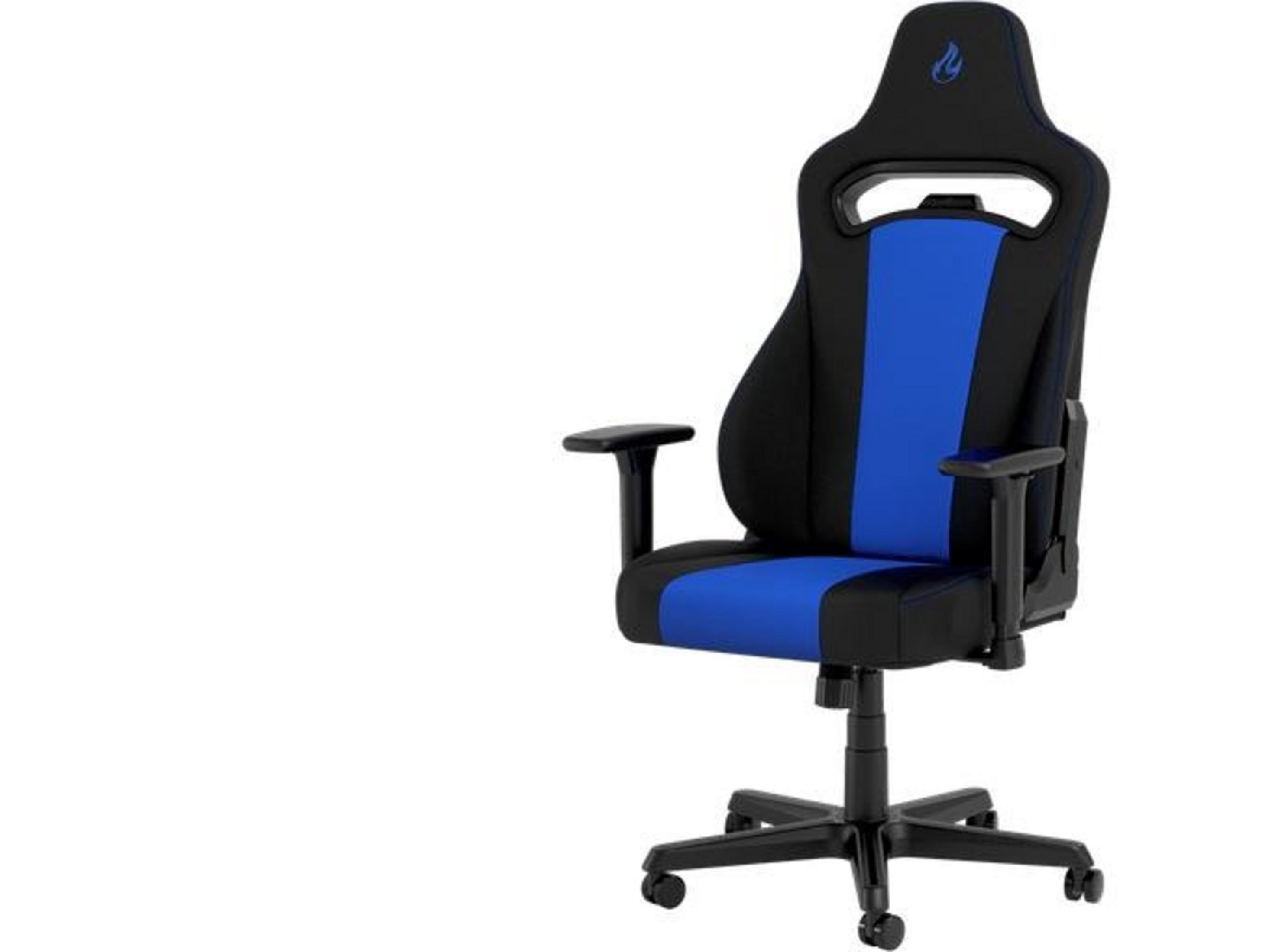 Ein schwarzer Gaming-Stuhl mit blauen Akzenten und einem blauen Logo oben.