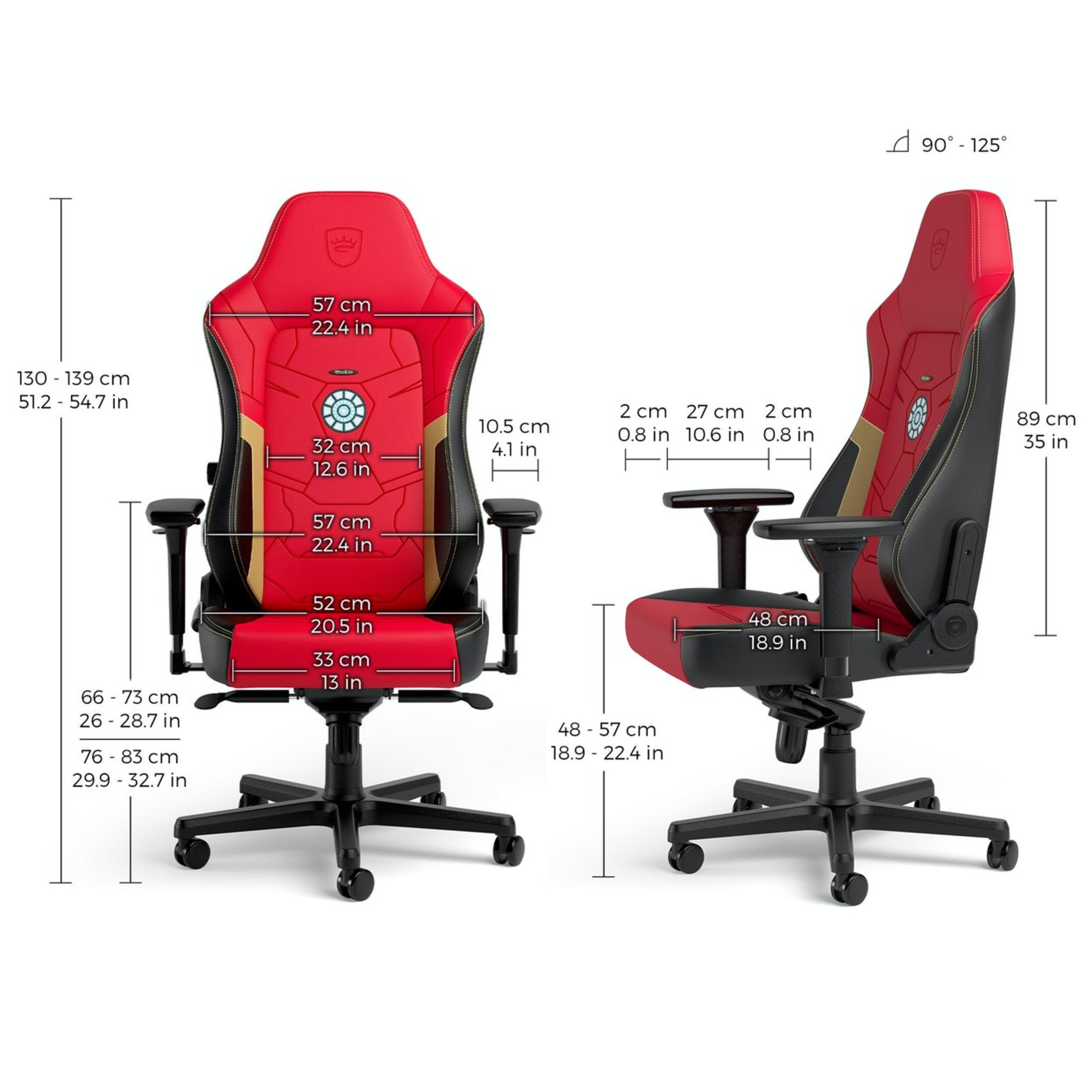 Chaise gaming rouge avec accents noirs, dimensions indiquées.
