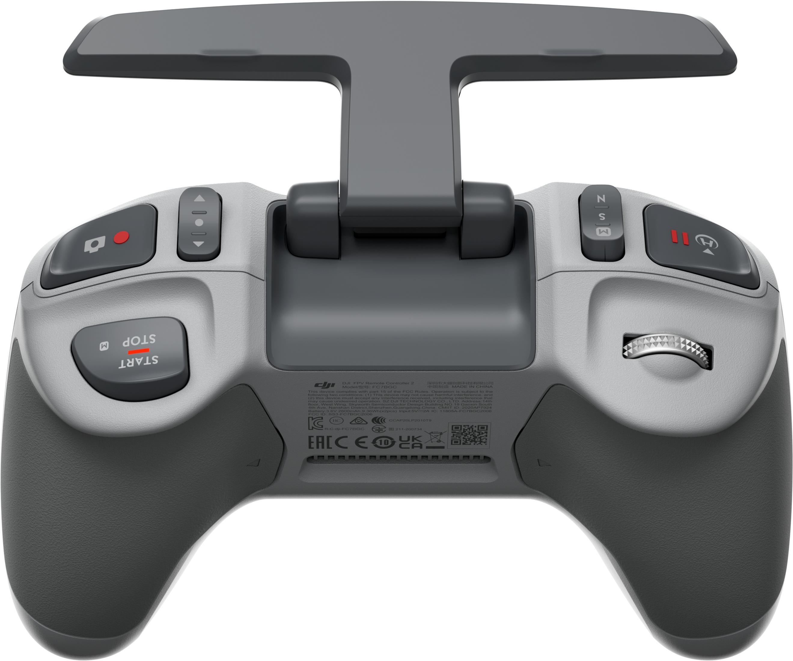 Control remoto DJI FPV gris con botones, dial y antena.