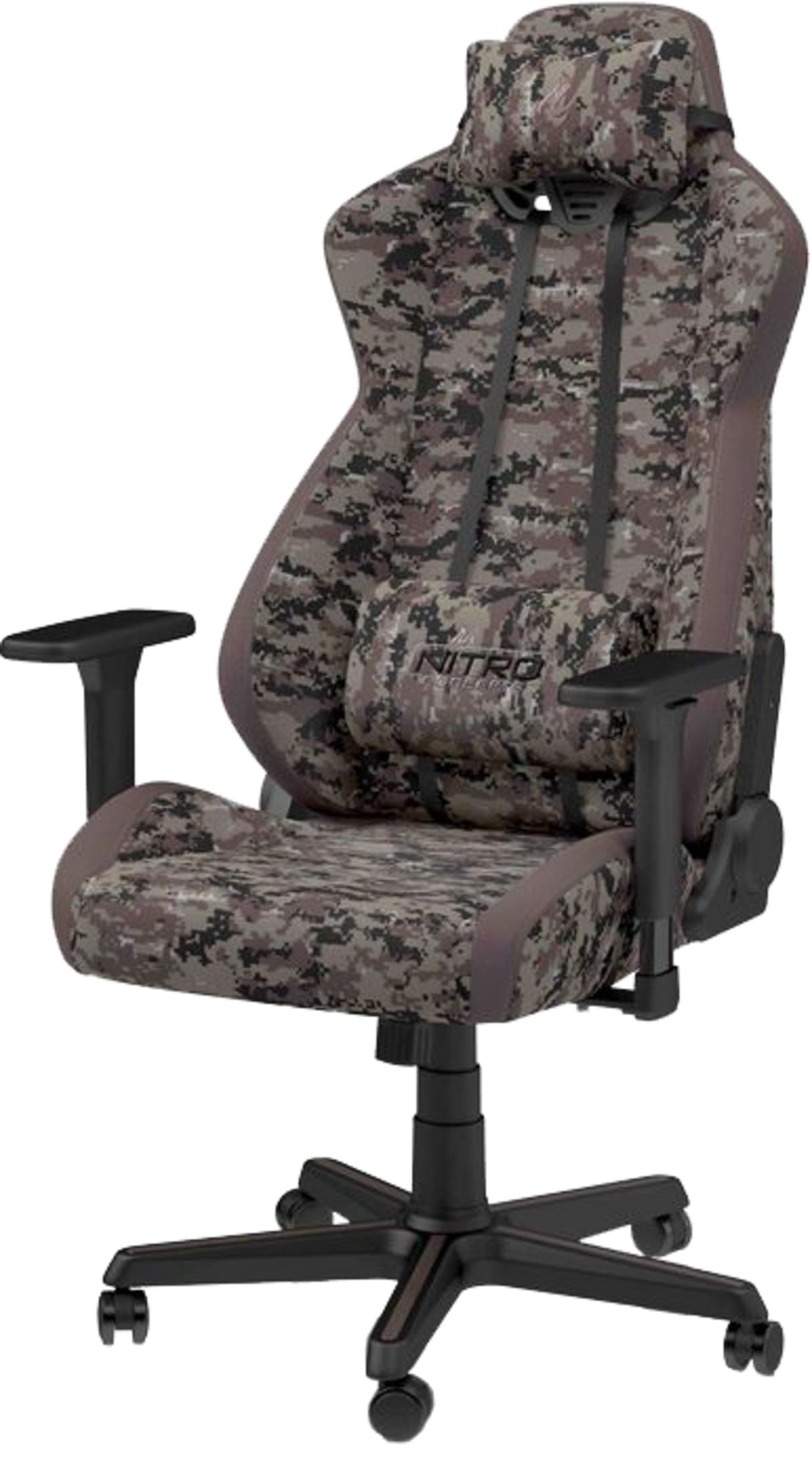 Ein Gaming-Stuhl mit digitalem Tarnmuster, Armlehnen und Kopfstütze.