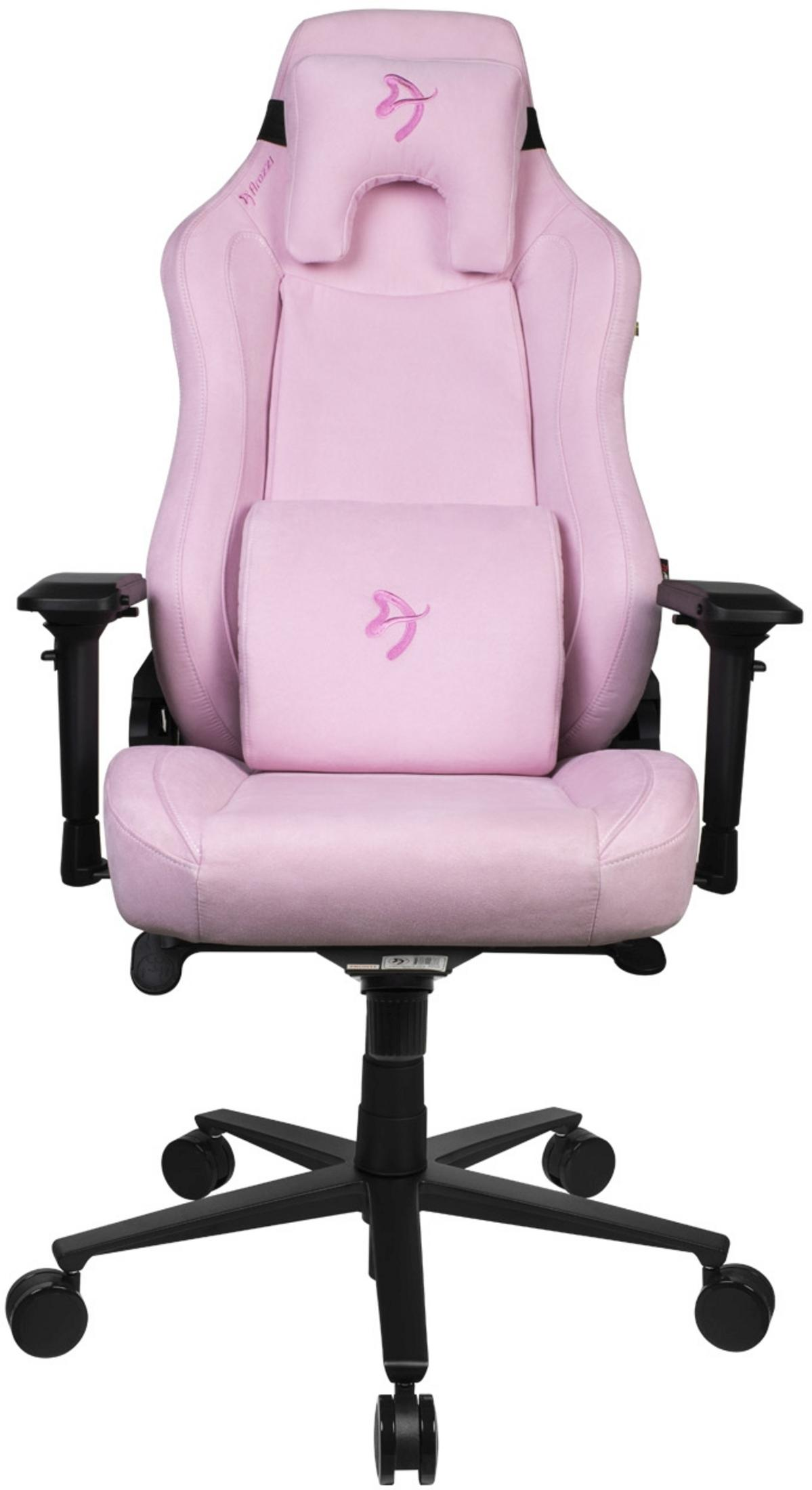 Ein rosafarbener Gaming-Stuhl mit schwarzem Fußkreuz und Rädern.