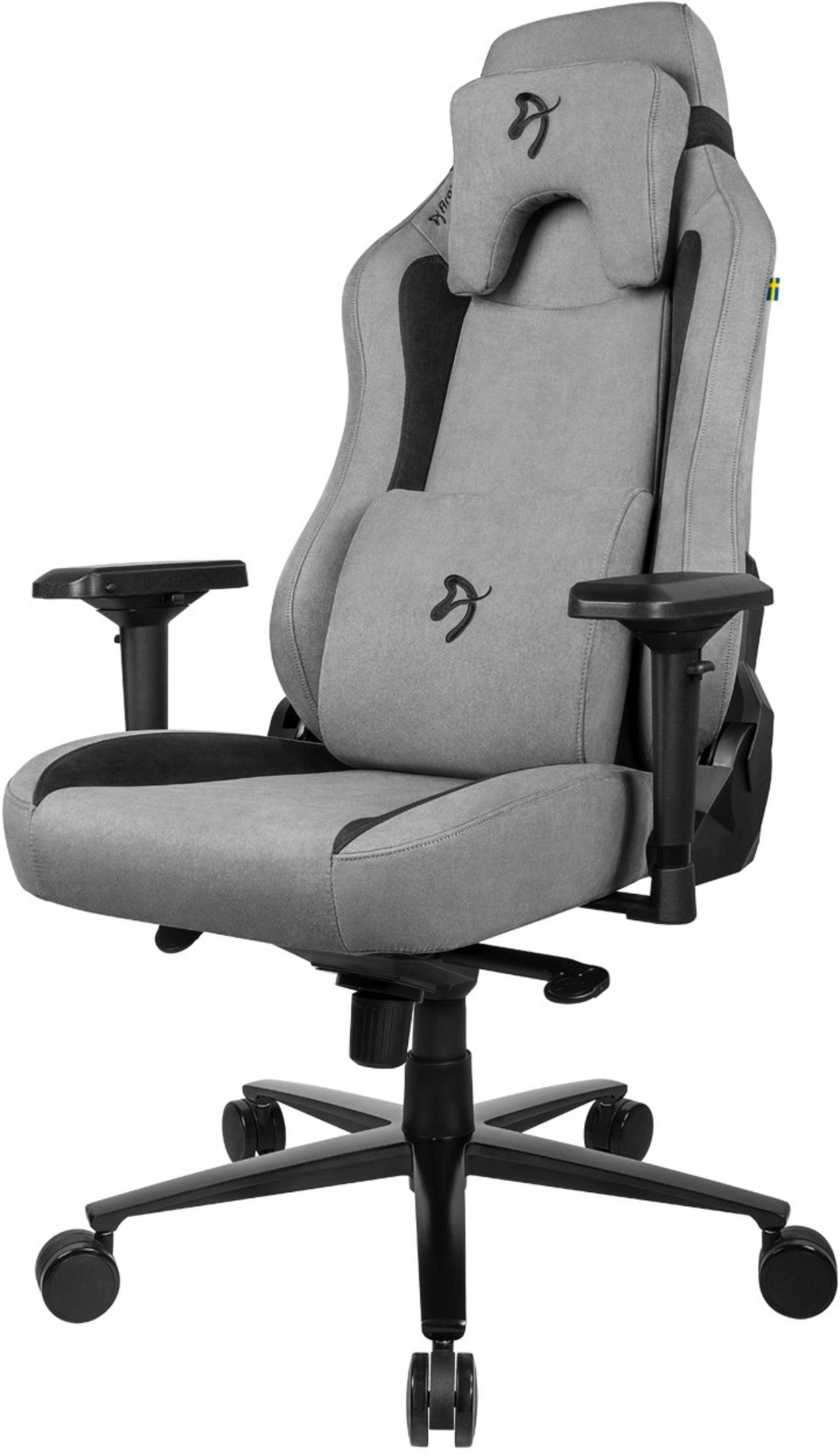 Grijze gamestoel met zwarte accenten, hoofdsteun en lendensteun.
