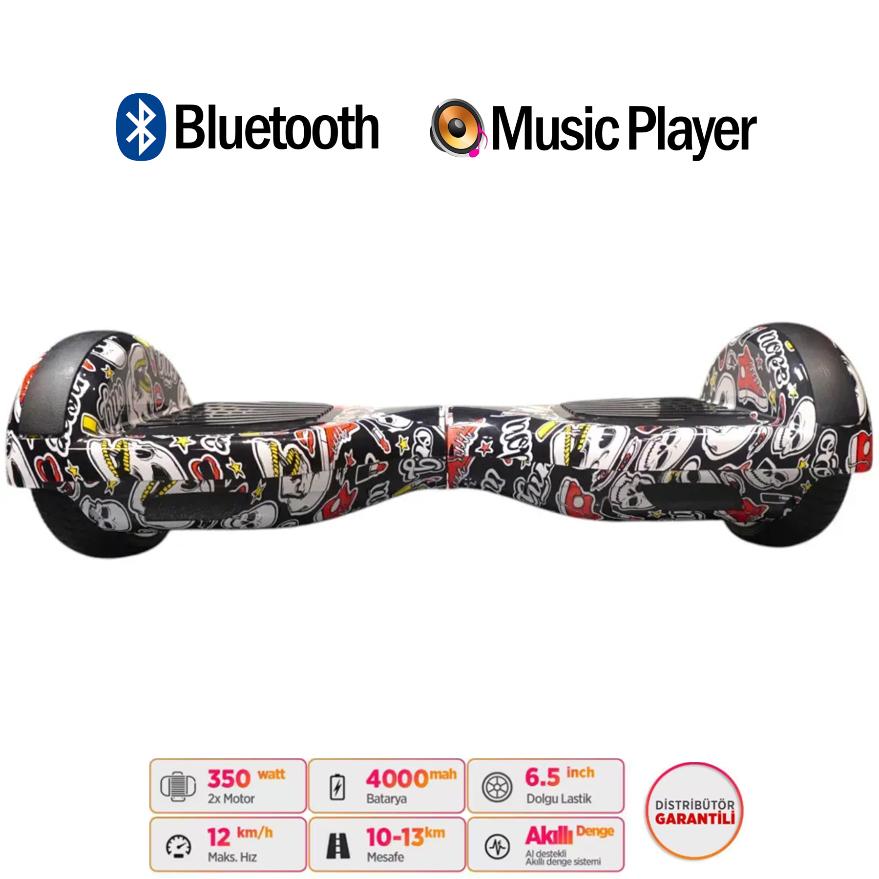 Bluetooth ve Müzik Çalar reklamı yapan, çıkartmalı bir hoverboard.