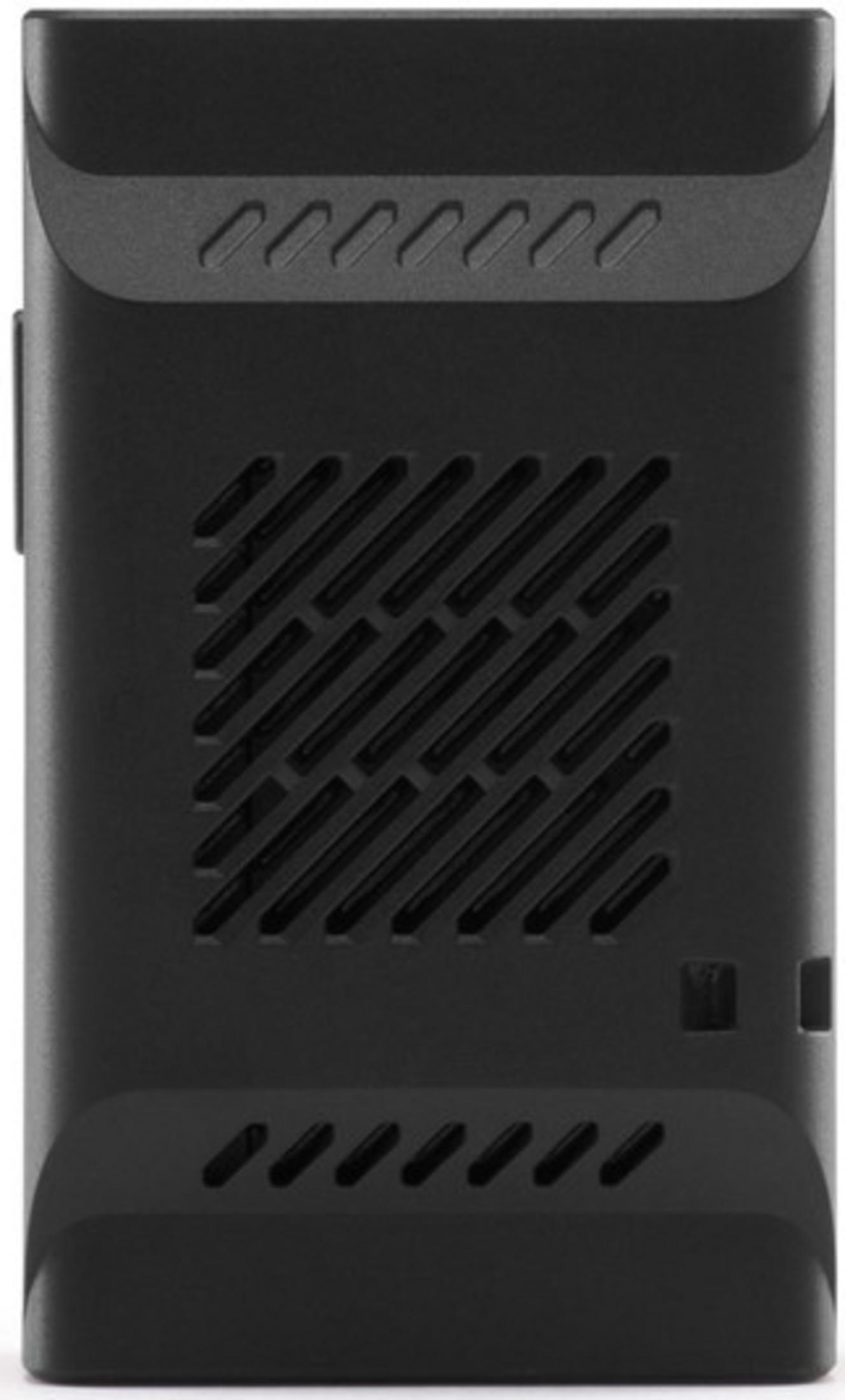 Dispositivo rectangular negro con rejillas arriba y abajo.