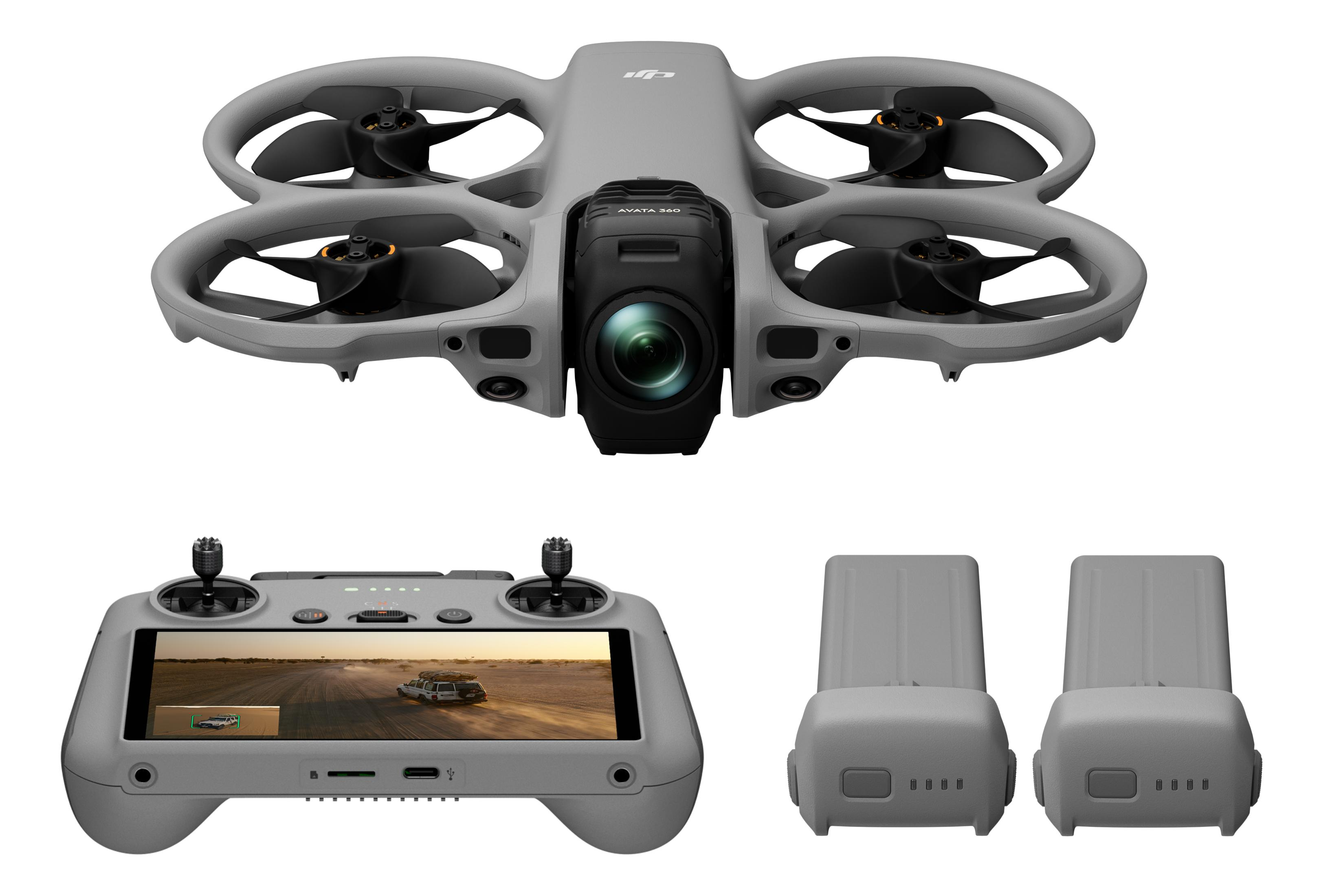 Szara dron DJI Avata 360 z kontrolerem i zapasowymi bateriami.