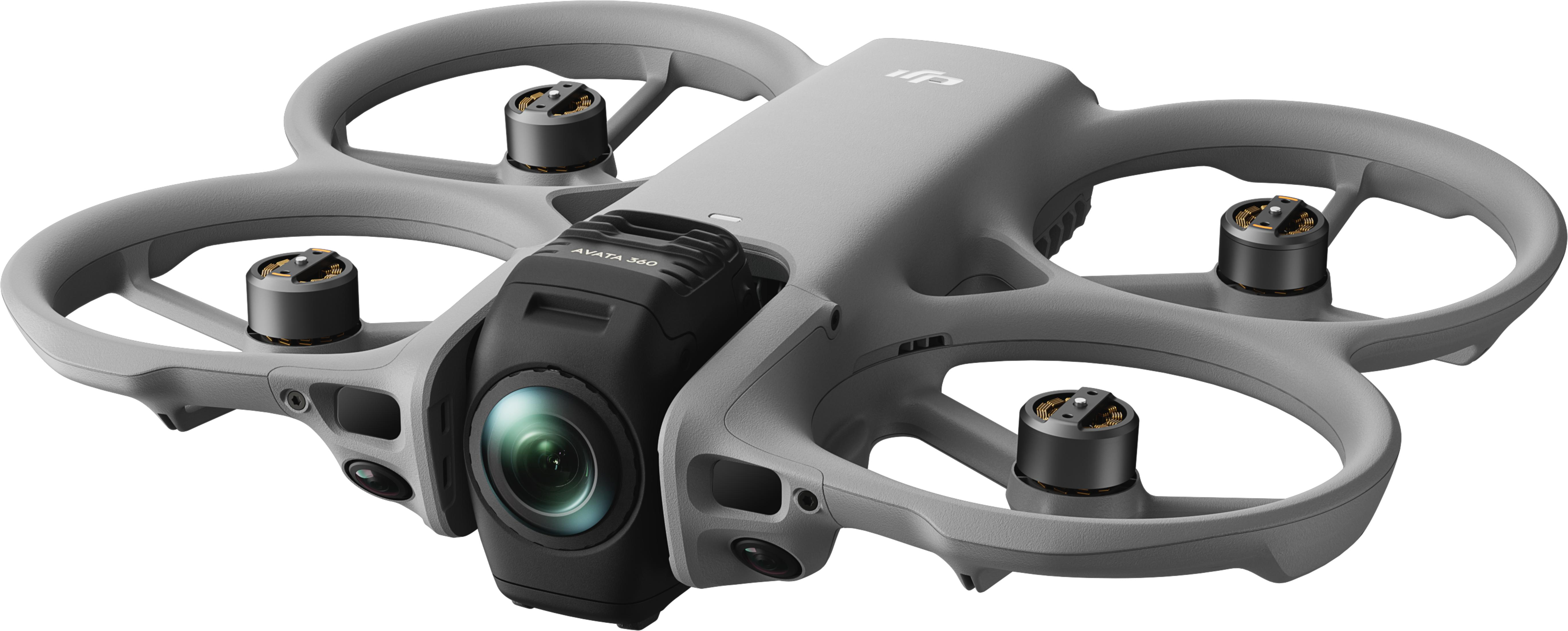 Szara dron DJI Avata z kamerą i czterema śmigłami, zbliżenie.