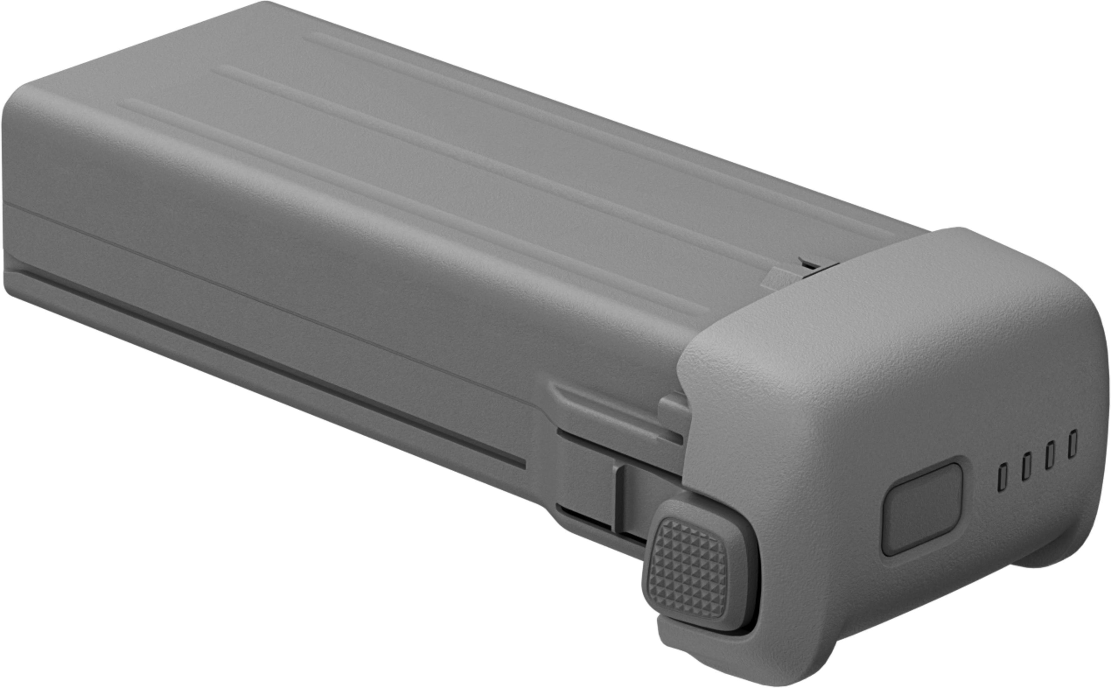 Batteria grigia con indicatore di carica e pulsante di rilascio.