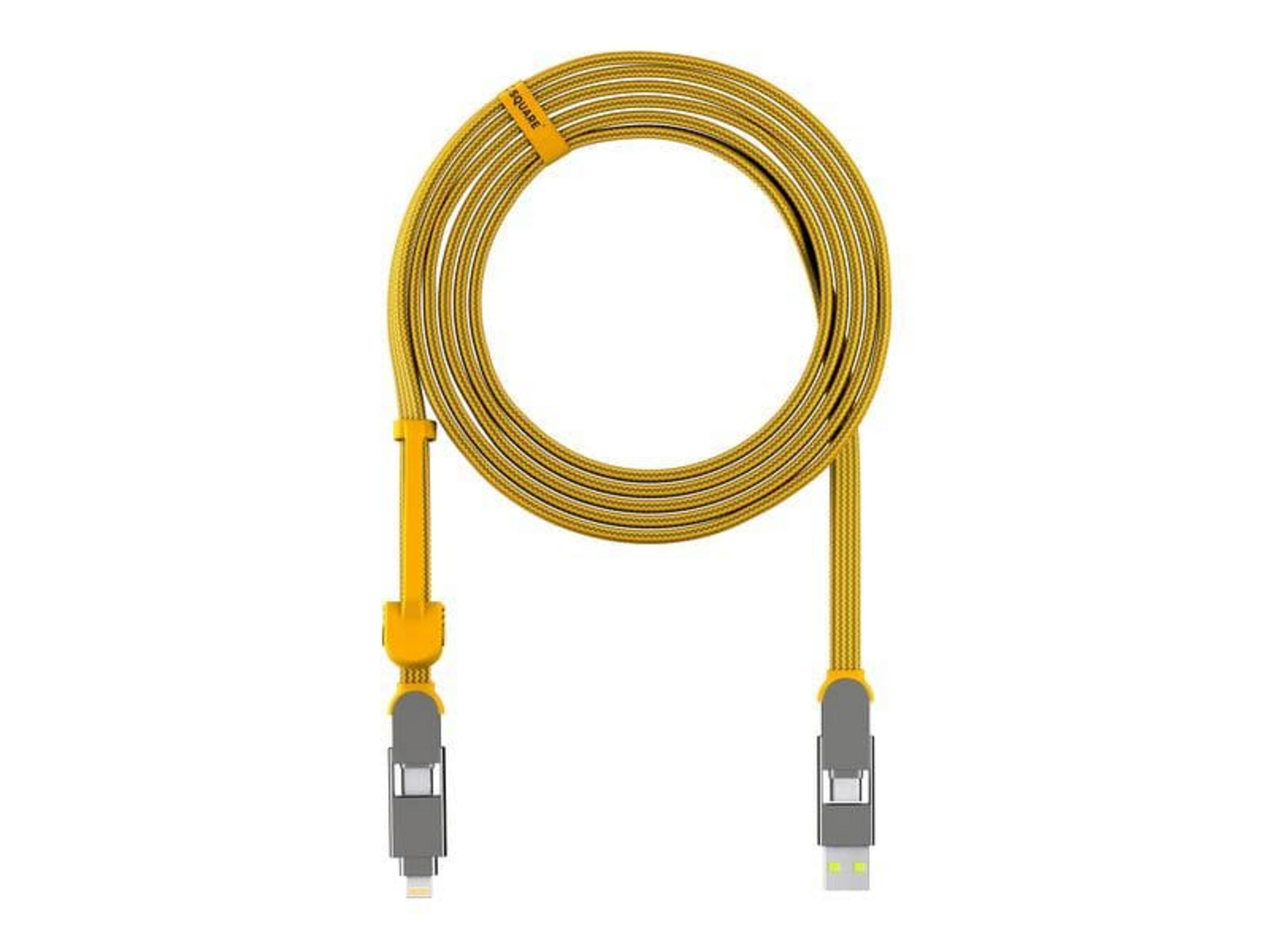 Ein gelbes Ladekabel mit weißen Streifen und grauen Steckern.