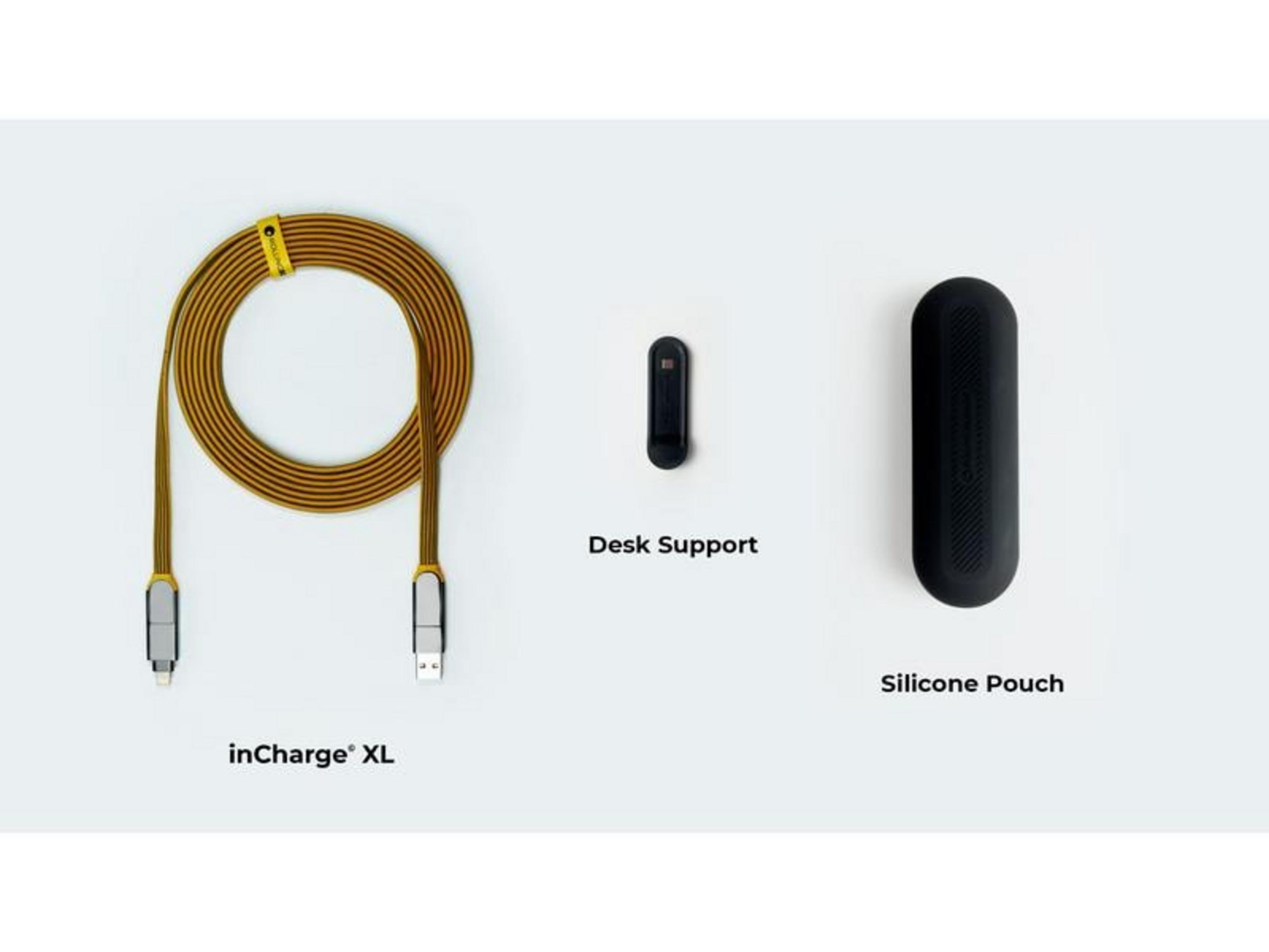 Ein gelbes Kabel mit schwarzen Streifen, ein kleiner schwarzer Ständer und eine schwarze Hülle.