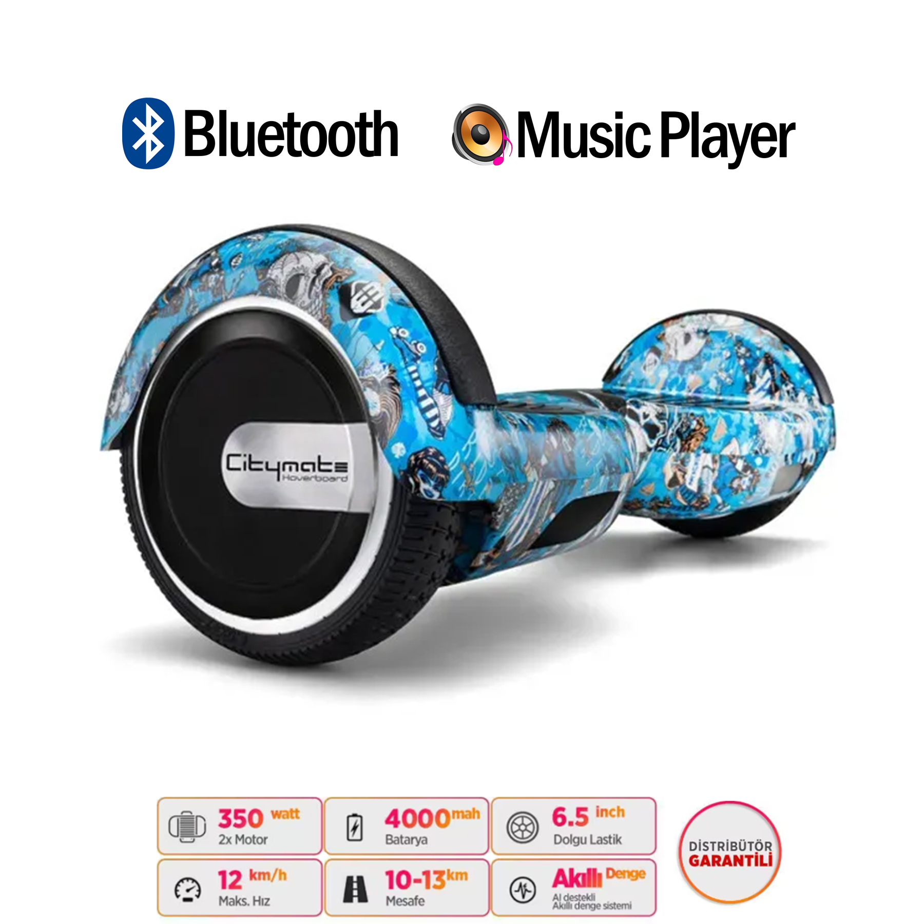 Kurukafa desenli mavi hoverboard, Bluetooth ve Müzik Çalar simgeleri.