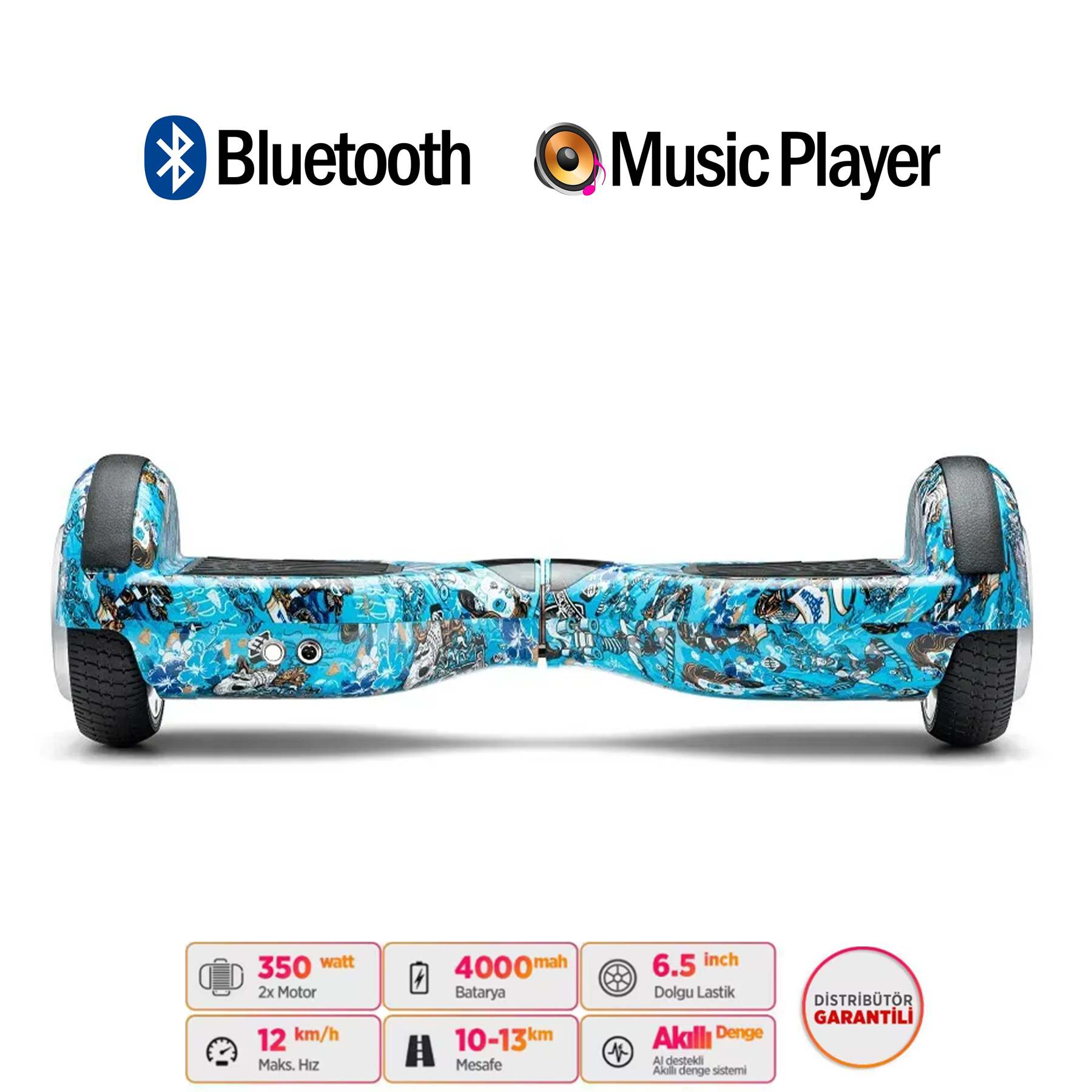Mavi desenli hoverboard, Bluetooth ve Müzik Çalar simgeleri, özellikler aşağıda.
