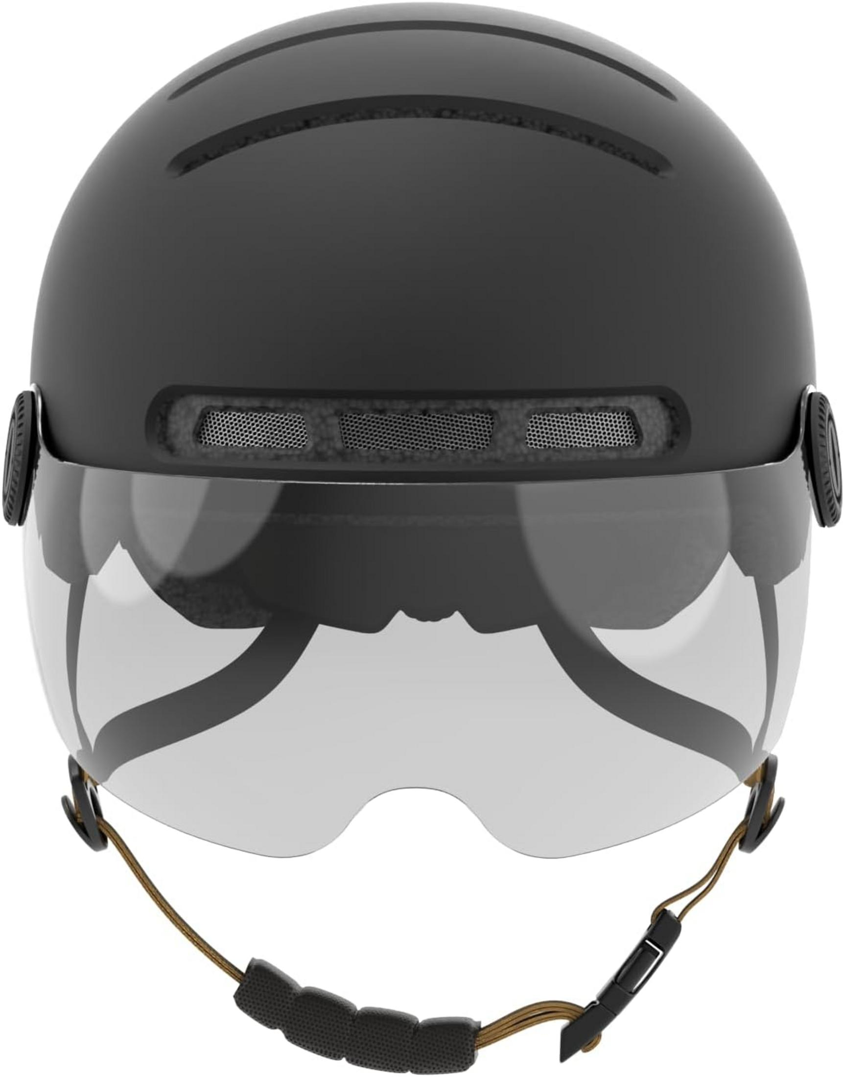 Casco nero con visiera e prese d'aria, cinghie regolabili.