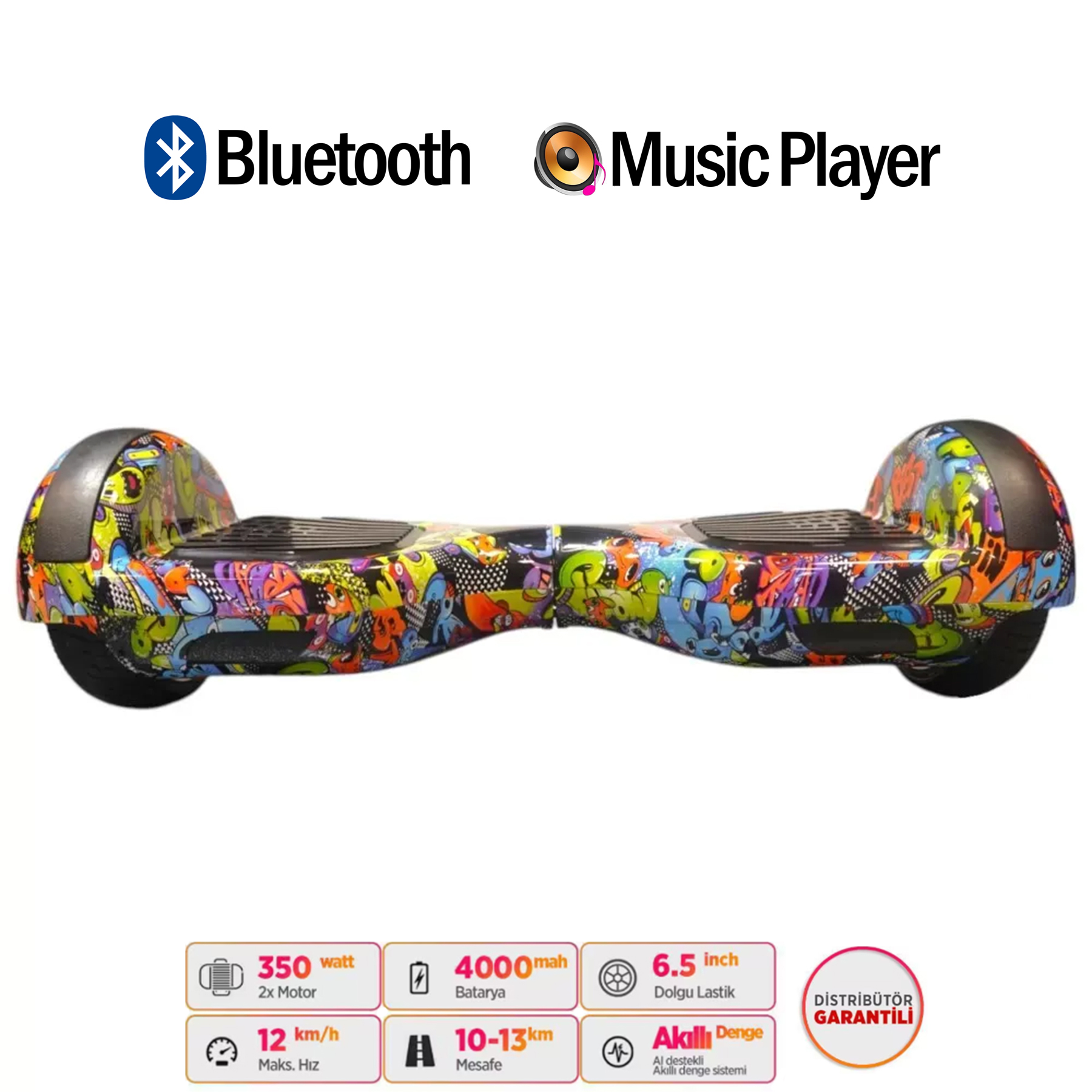 Bluetooth ve müzik çalar özellikli renkli hoverboard.
