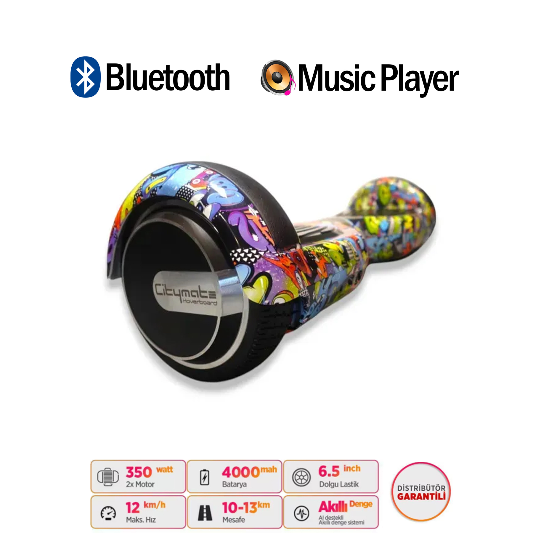 Bluetooth ve müzik çalar özellikli, rengarenk tasarımlı hoverboard.