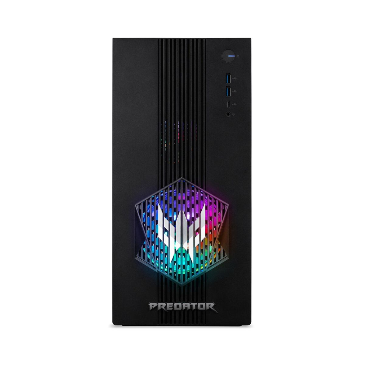 Czarny komputer do gier z logo RGB i wentylatorami.