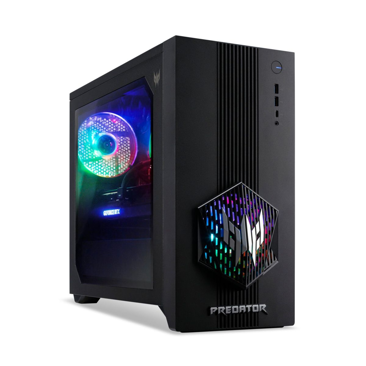Czarny komputer gamingowy z oświetleniem RGB i szklanym panelem bocznym. Logo Predator z przodu.