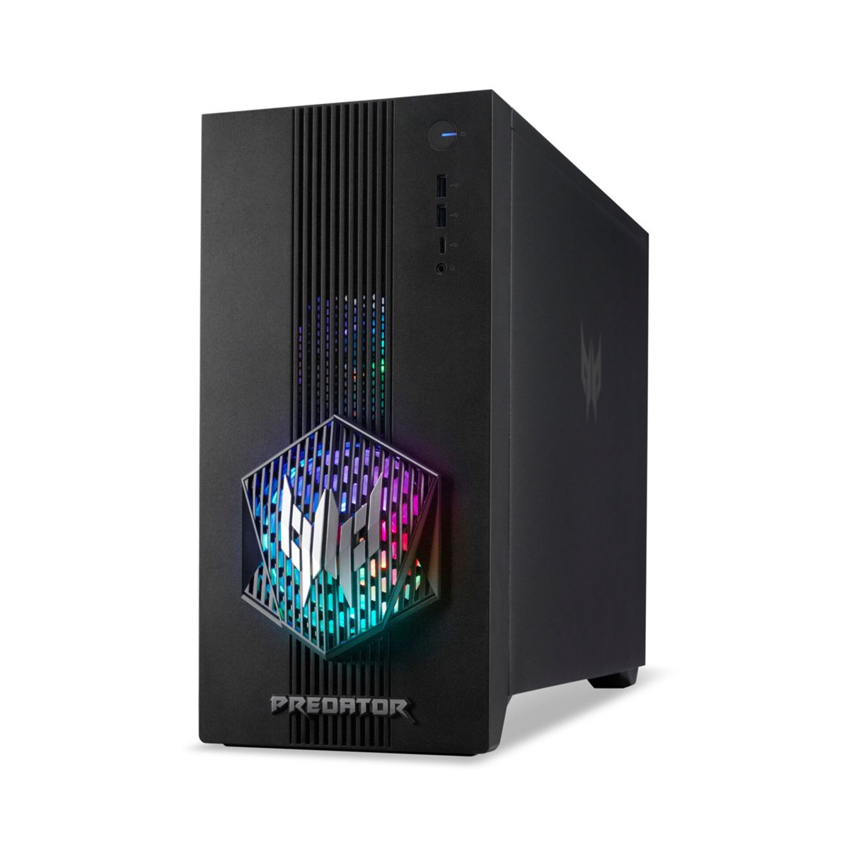 Czarna obudowa komputera gamingowego z podświetlanym logo Predator i kolorowymi światłami RGB z przodu.
