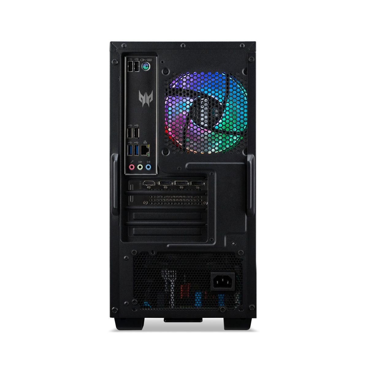 Tył czarnej obudowy komputera z portami i wentylatorem RGB.