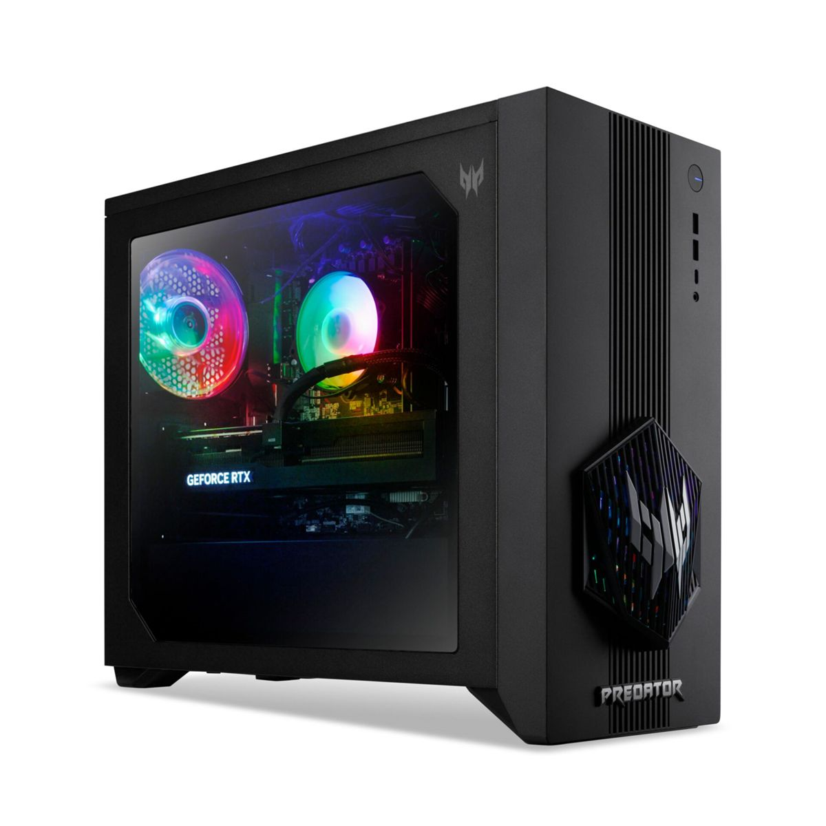 Czarny komputer gamingowy z podświetlanymi wentylatorami i oświetleniem RGB. Logo Predator z przodu.