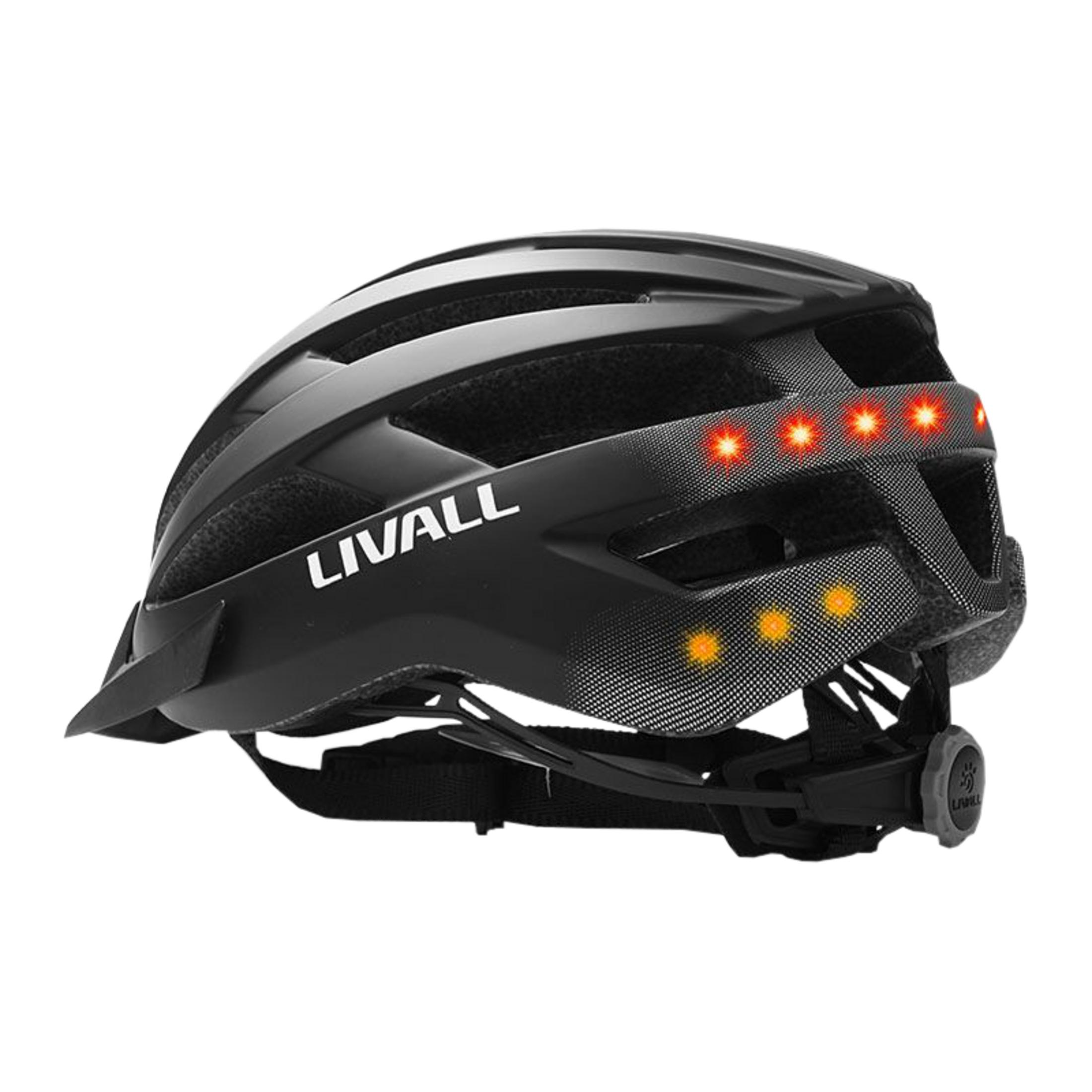Casco da bicicletta nero con luci rosse e gialle.