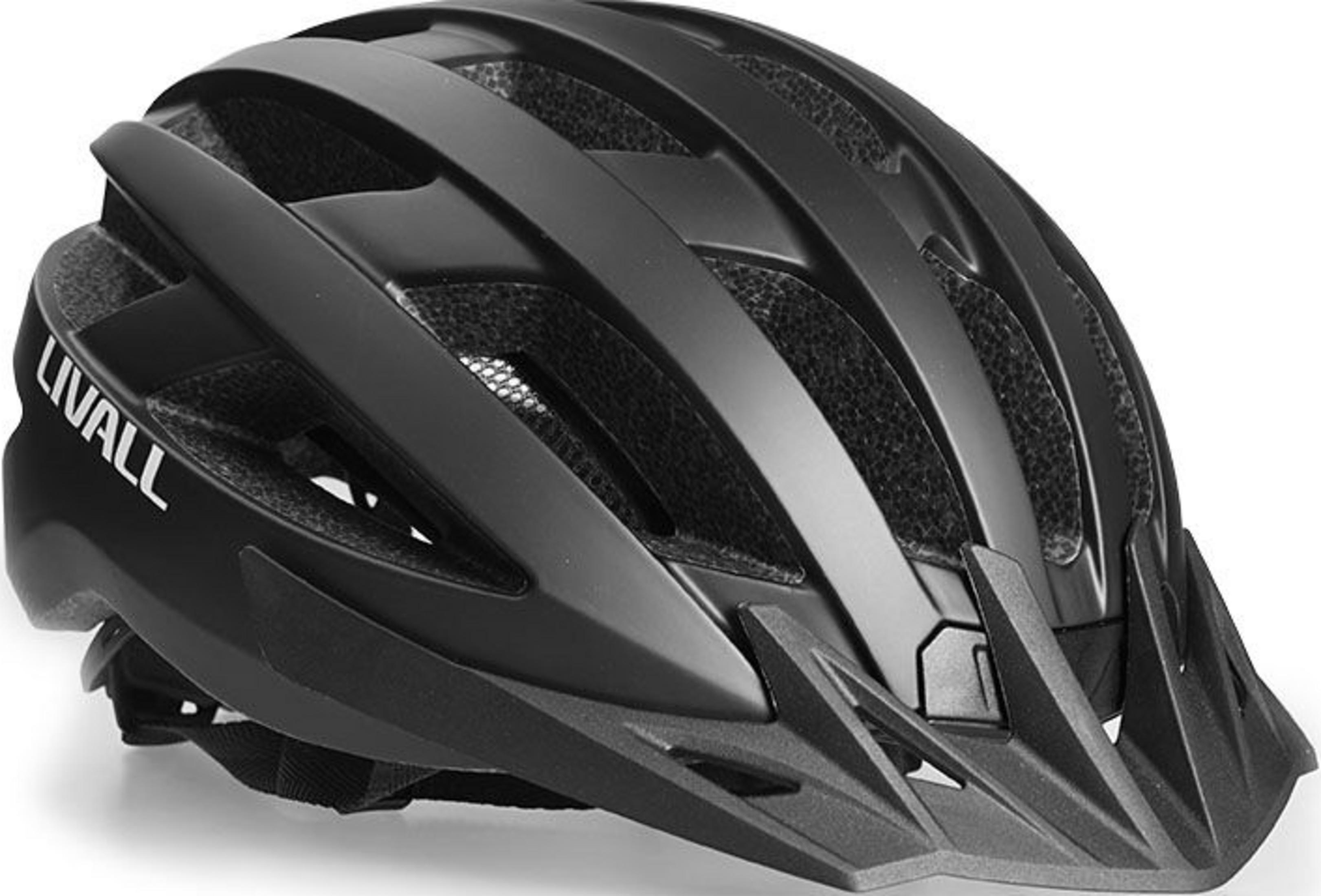 Un casco da bicicletta nero con fessure di ventilazione e logo bianco.
