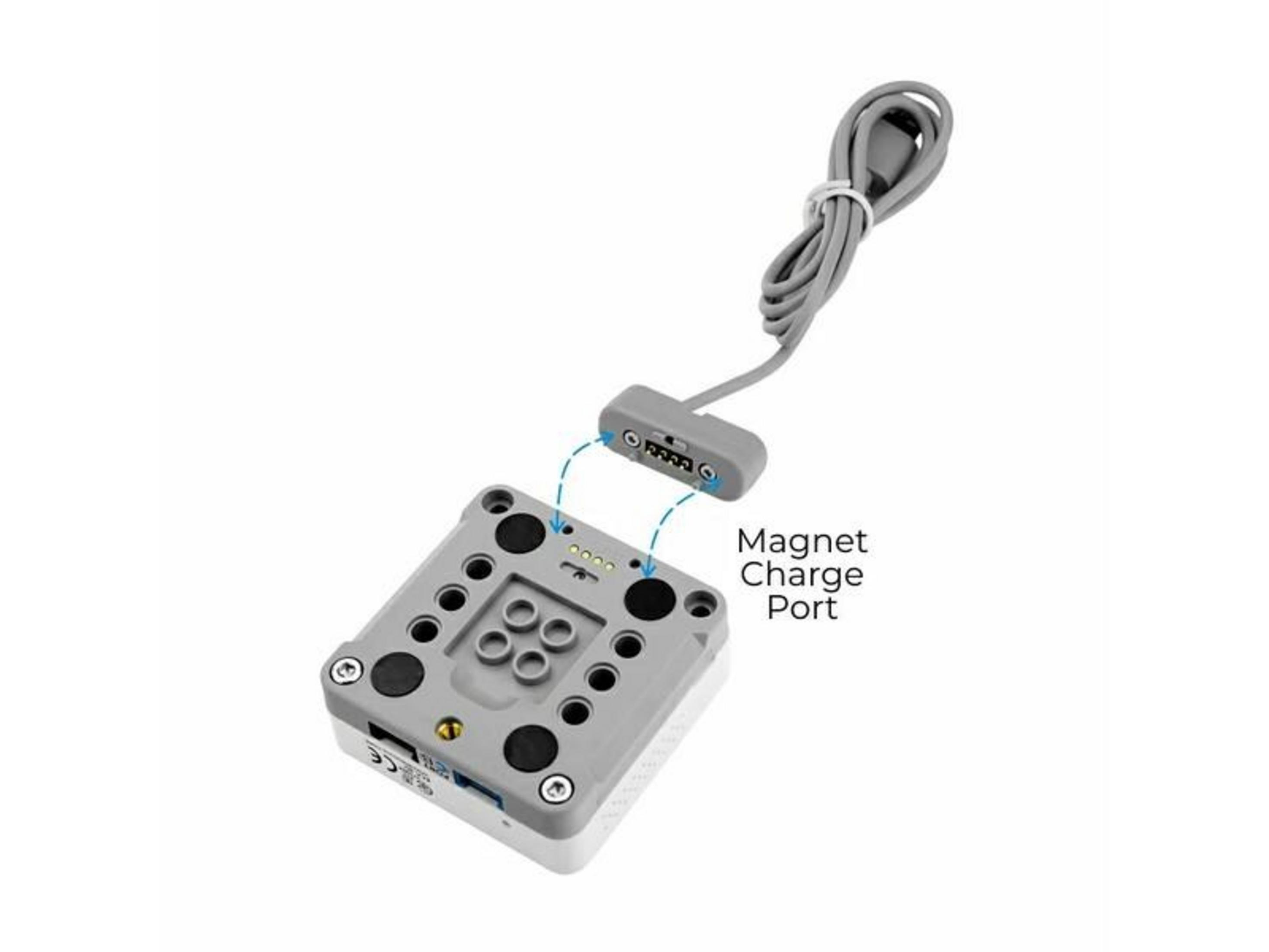 Grauer Ladeadapter mit Kabel neben einem grauen rechteckigen Gerät mit Magnetanschluss.