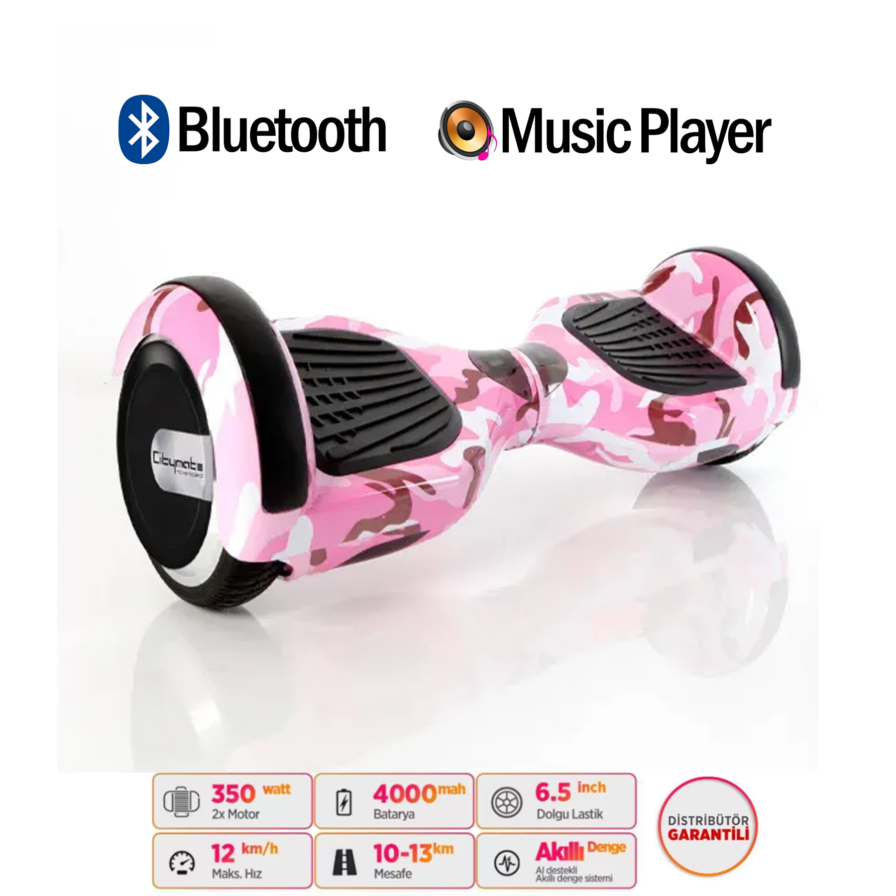 Bluetooth ve müzik çalar özellikli pembe kamuflaj hoverboard.