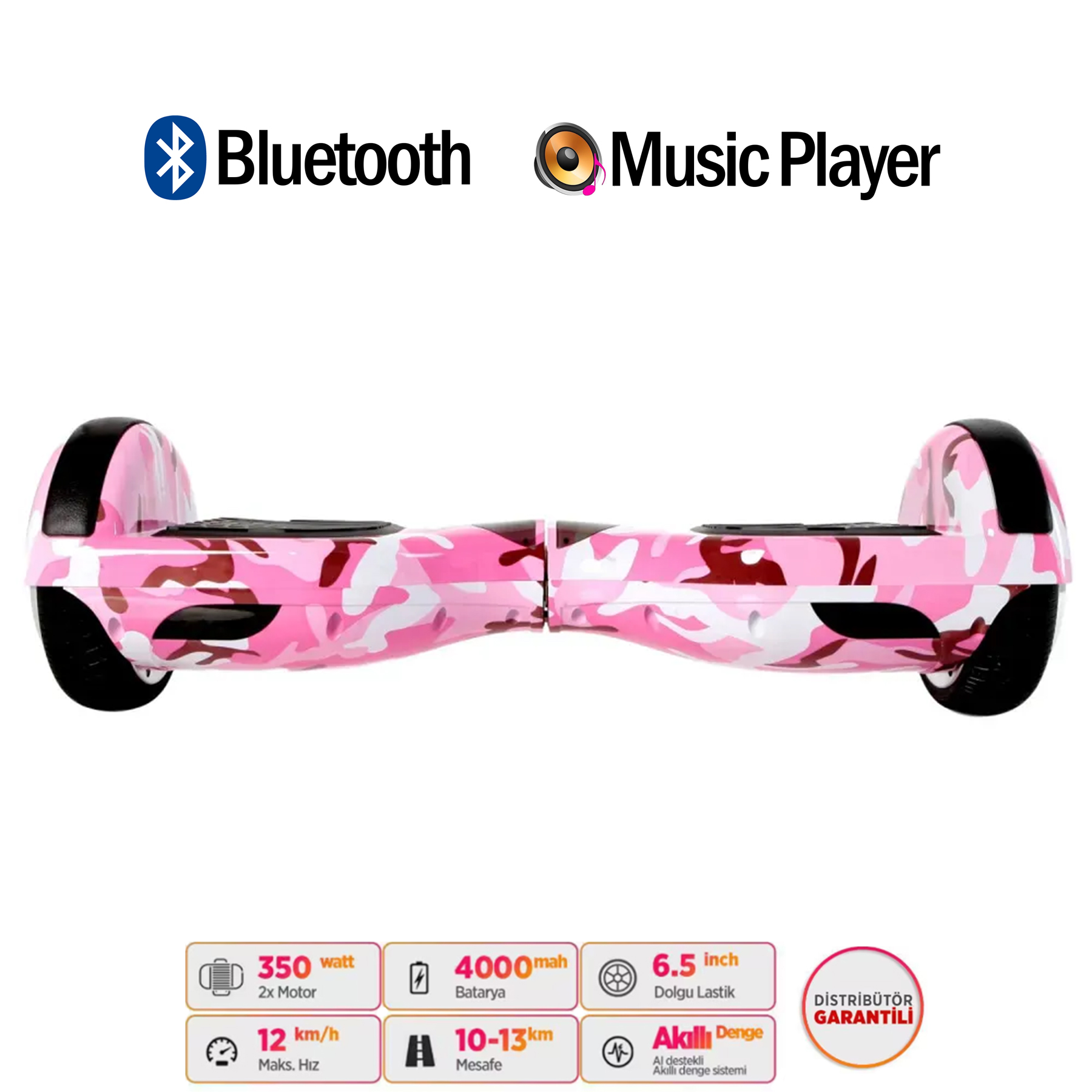 Bluetooth ve müzik çalarlı pembe kamuflaj desenli hoverboard.