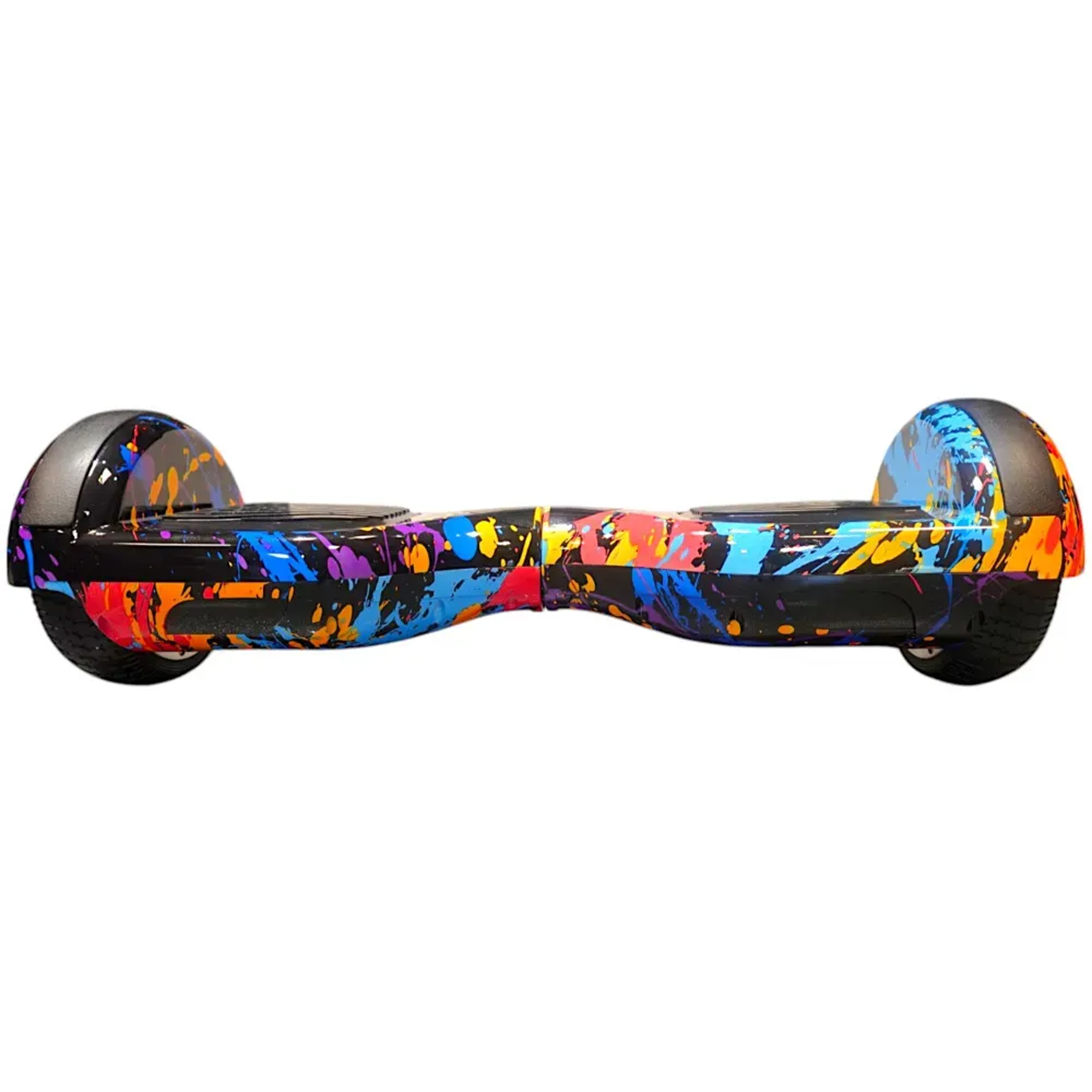 Siyah tabanlı, renkli boya sıçrama desenli bir hoverboard.