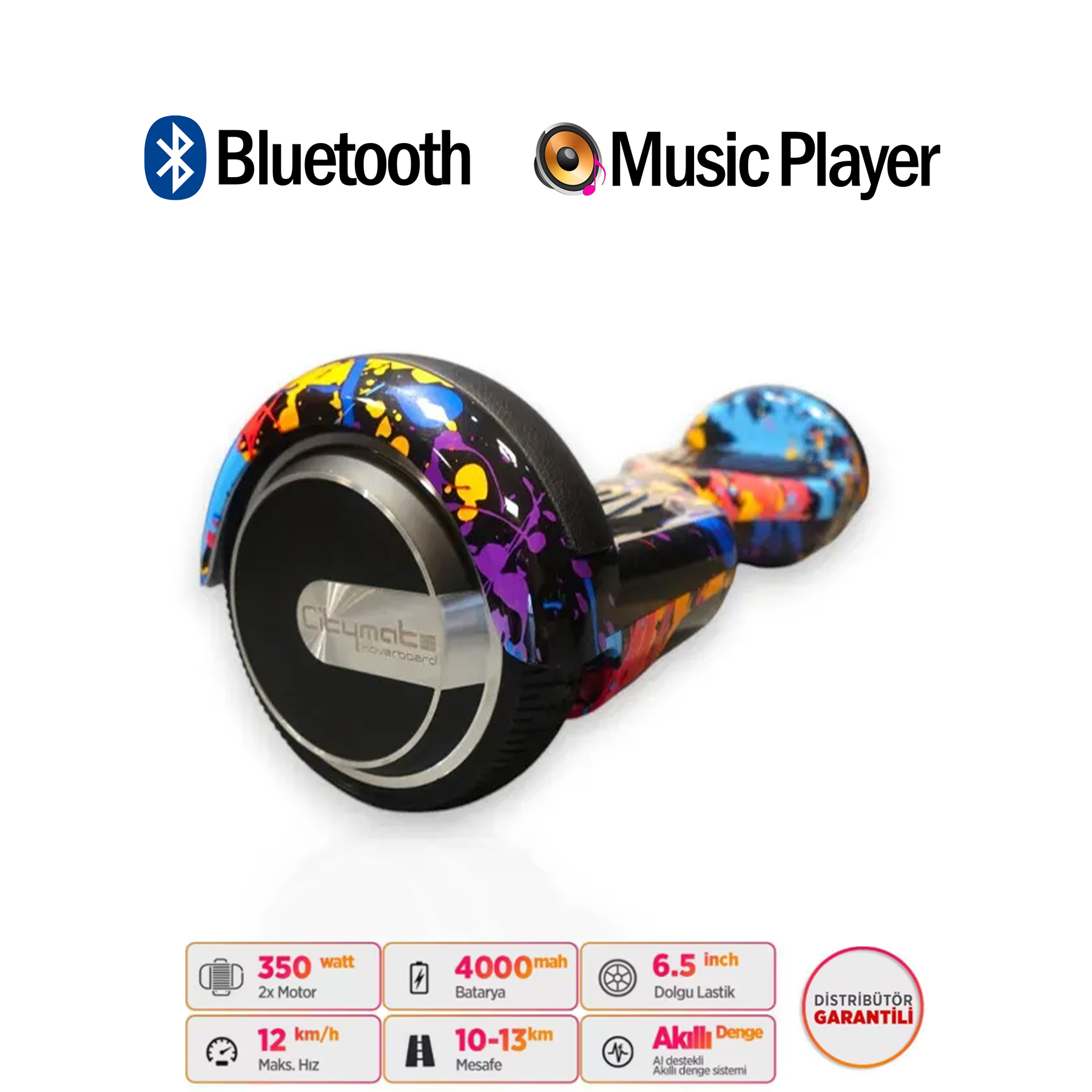 Renkli boya sıçrama tasarımlı, Bluetooth ve müzik çalar simgeli hoverboard.